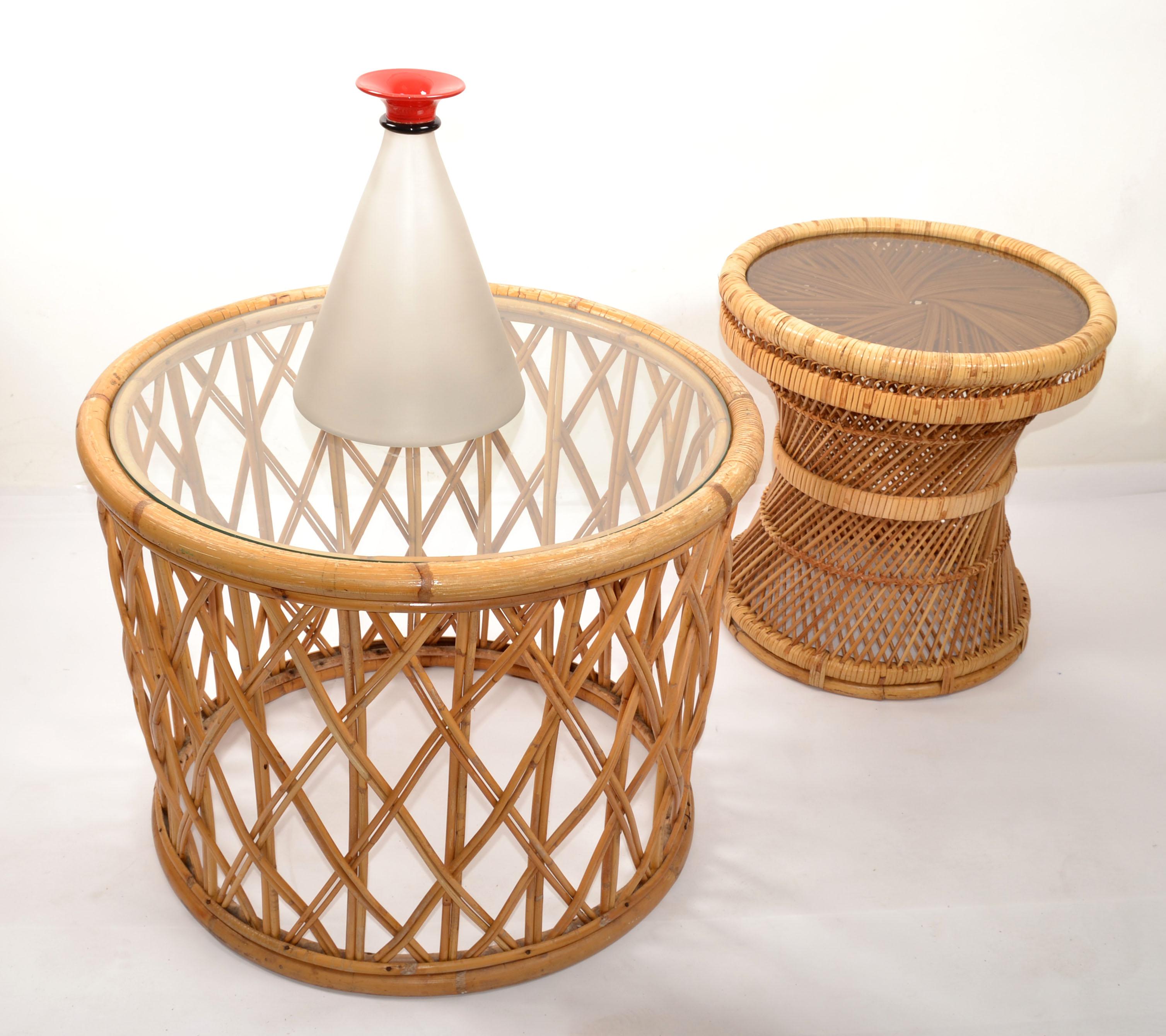 Bohemian Round Bend Bambo Rattan Reed, Wicker Coffee or Cocktail Table Glass Top For Sale 7