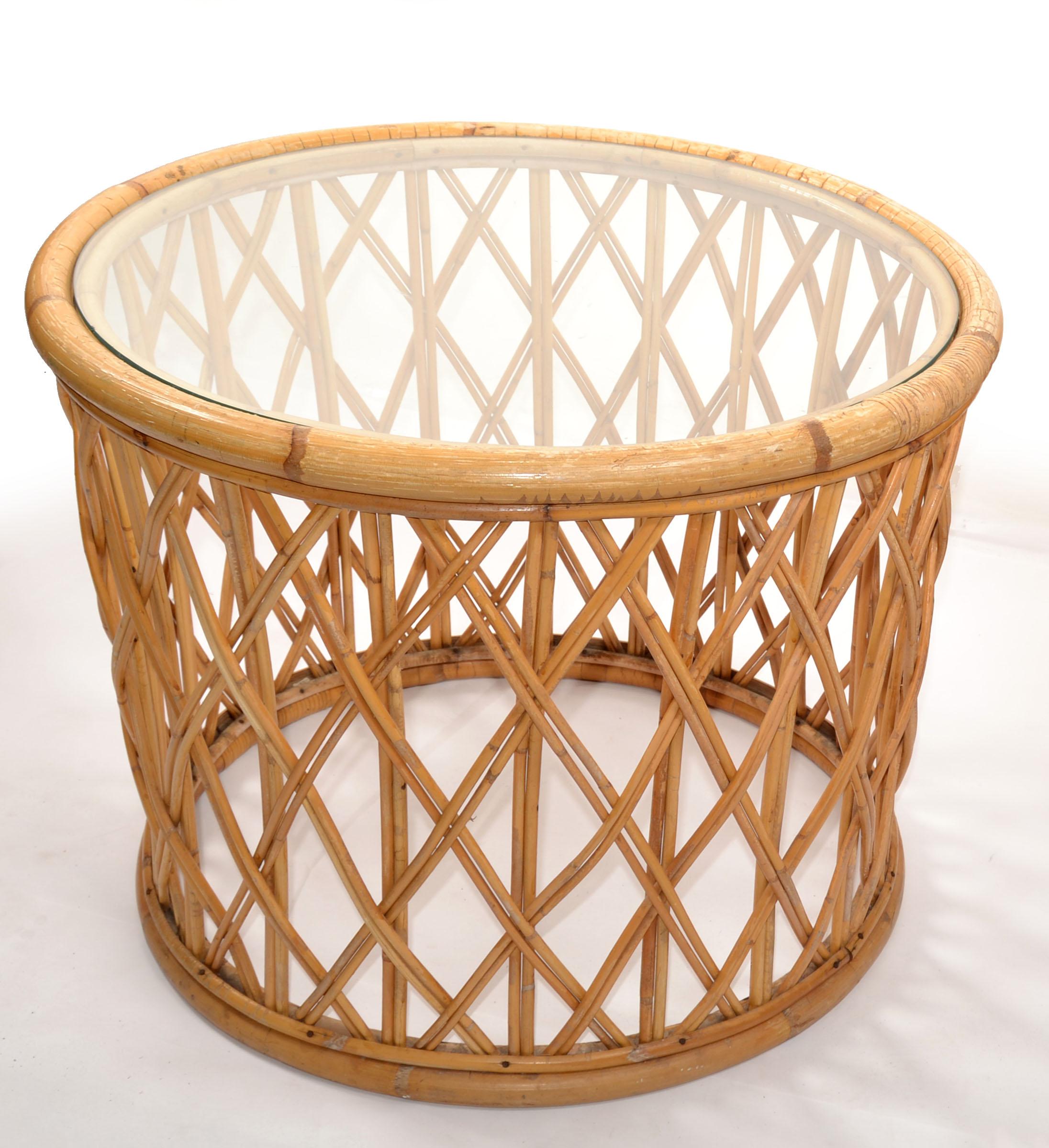 American Bohemian Round Bend Bambo Rattan Reed, Wicker Coffee or Cocktail Table Glass Top For Sale