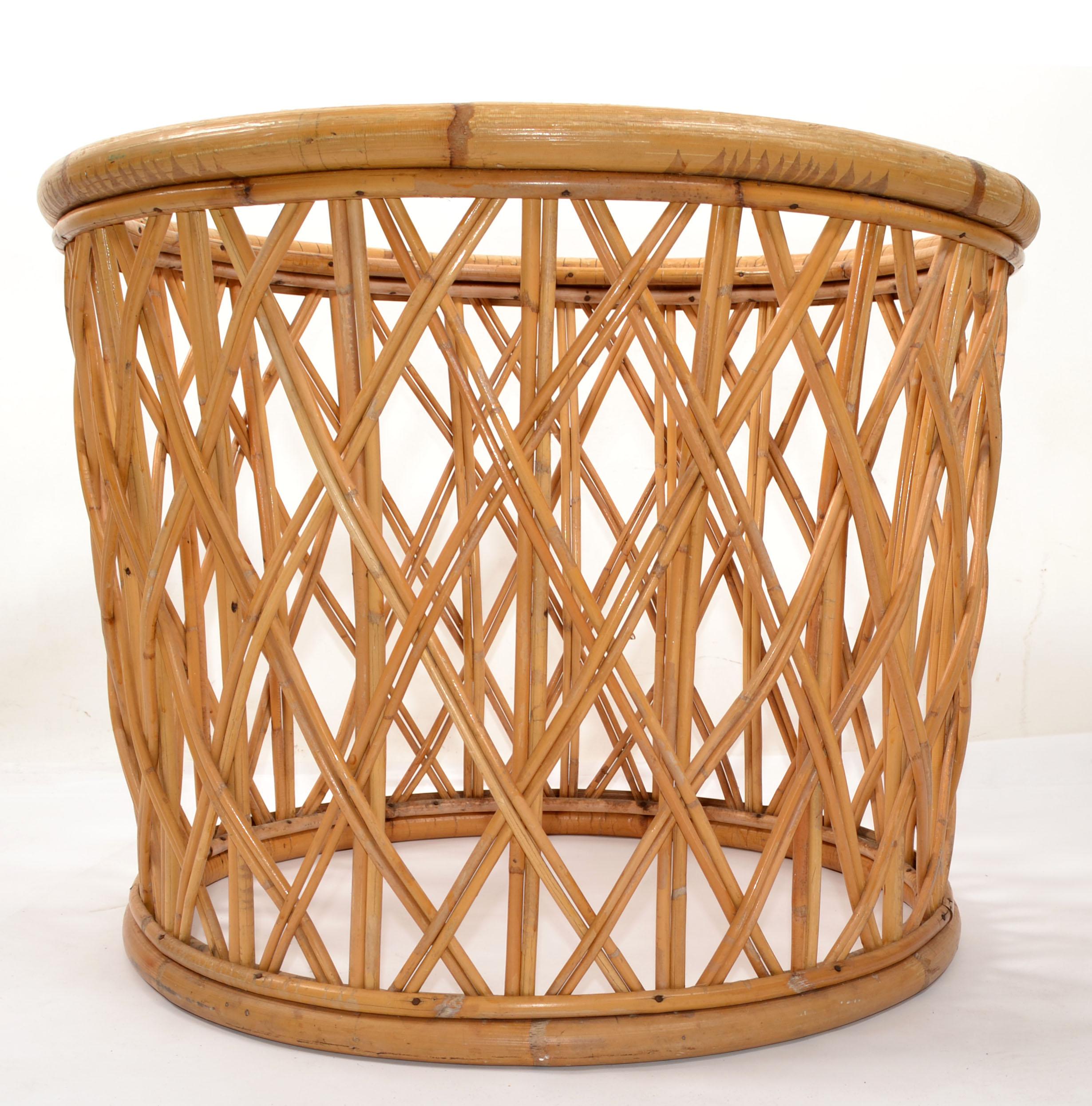 Hand-Crafted Bohemian Round Bend Bambo Rattan Reed, Wicker Coffee or Cocktail Table Glass Top For Sale
