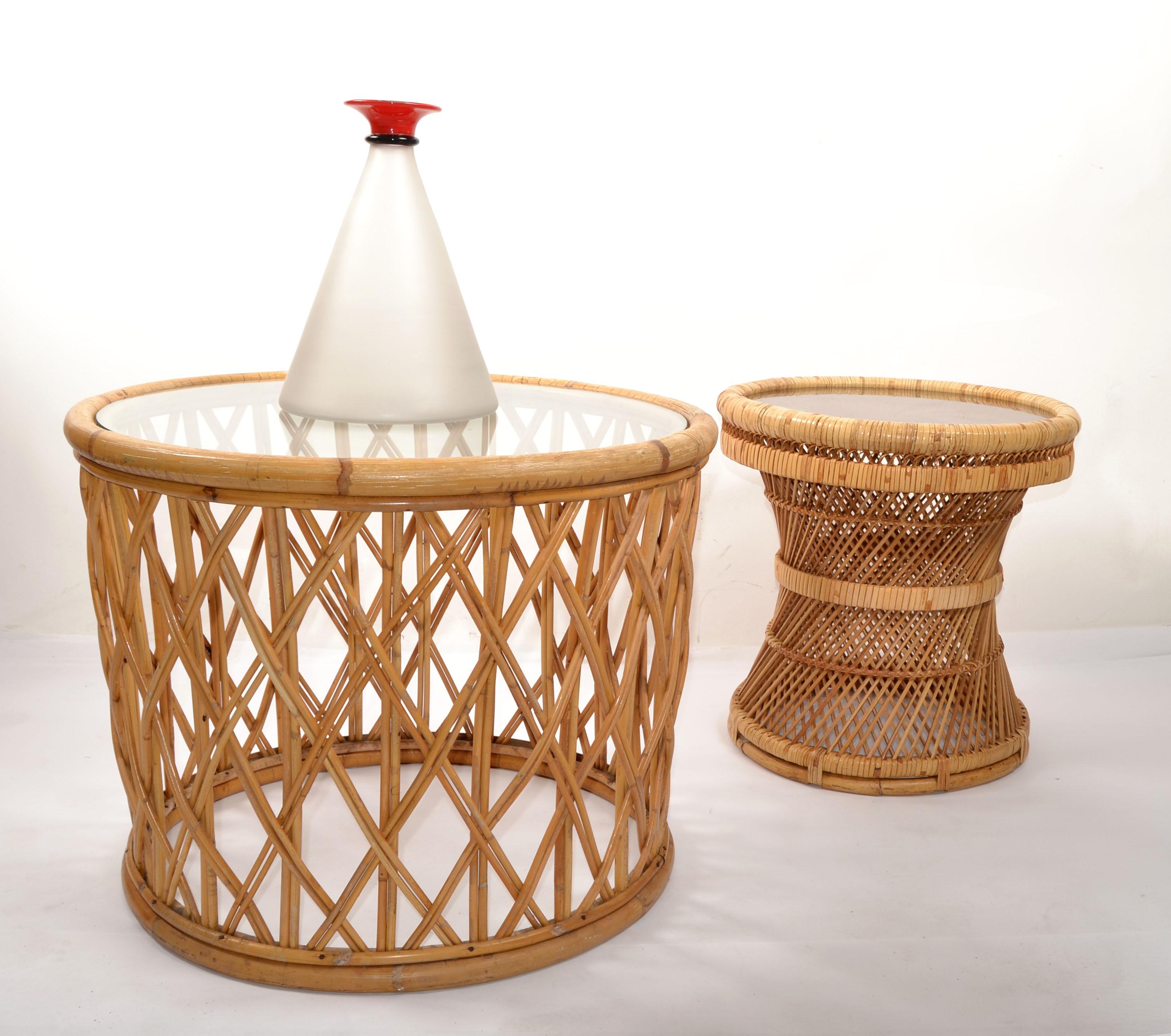 Bamboo Bohemian Round Bend Bambo Rattan Reed, Wicker Coffee or Cocktail Table Glass Top For Sale