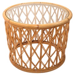 Vintage Bohemian Round Bend Bambo Rattan Reed, Wicker Coffee or Cocktail Table Glass Top