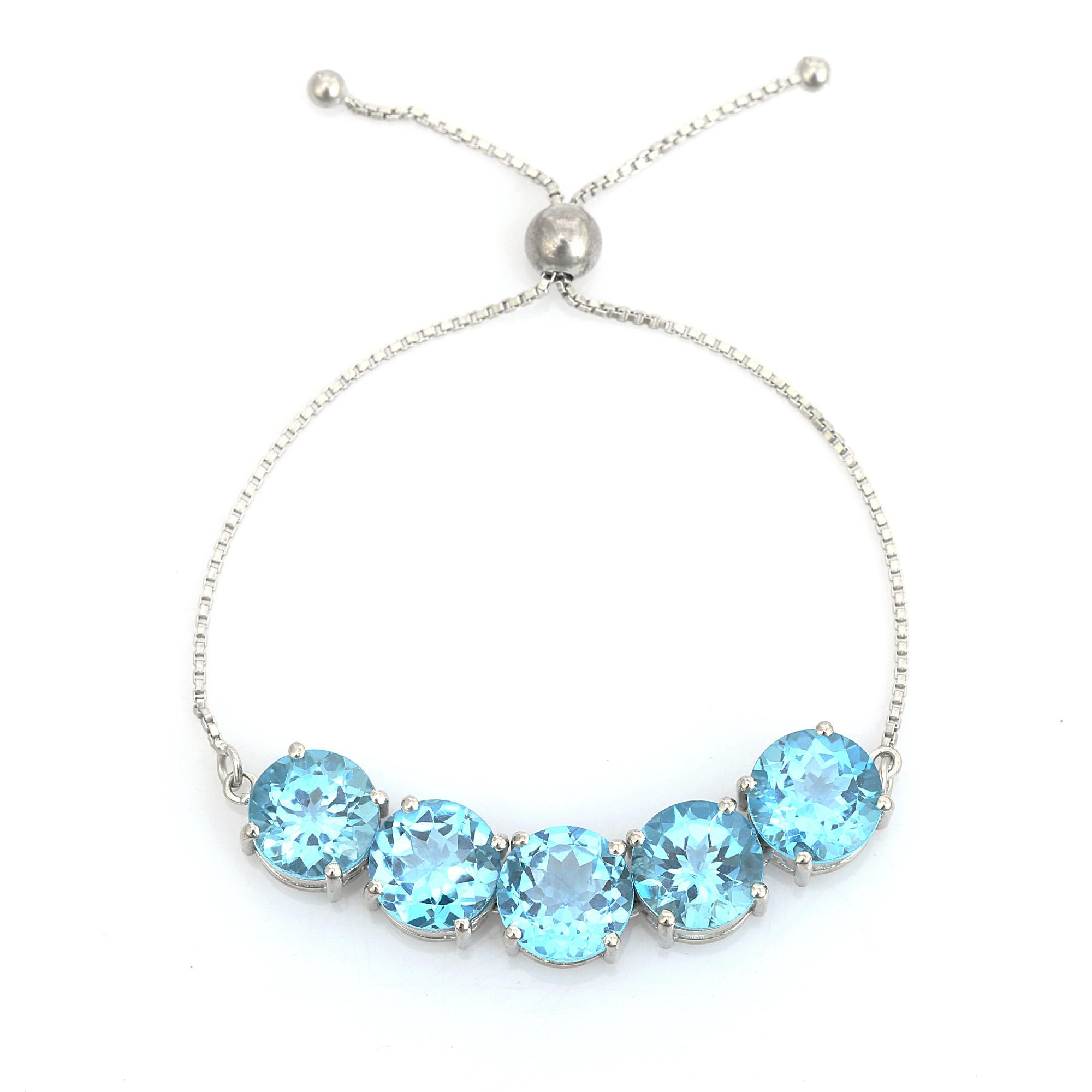 Bohemian Round Cut Blue Topaz December Birthstone Bolo Silver Bracelet for Her For Sale 1