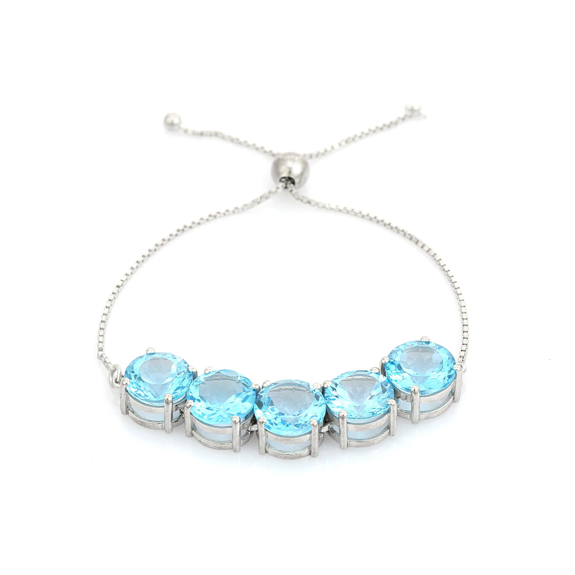 Bohemian Round Cut Blue Topaz December Birthstone Bolo Silver Bracelet for Her For Sale 2