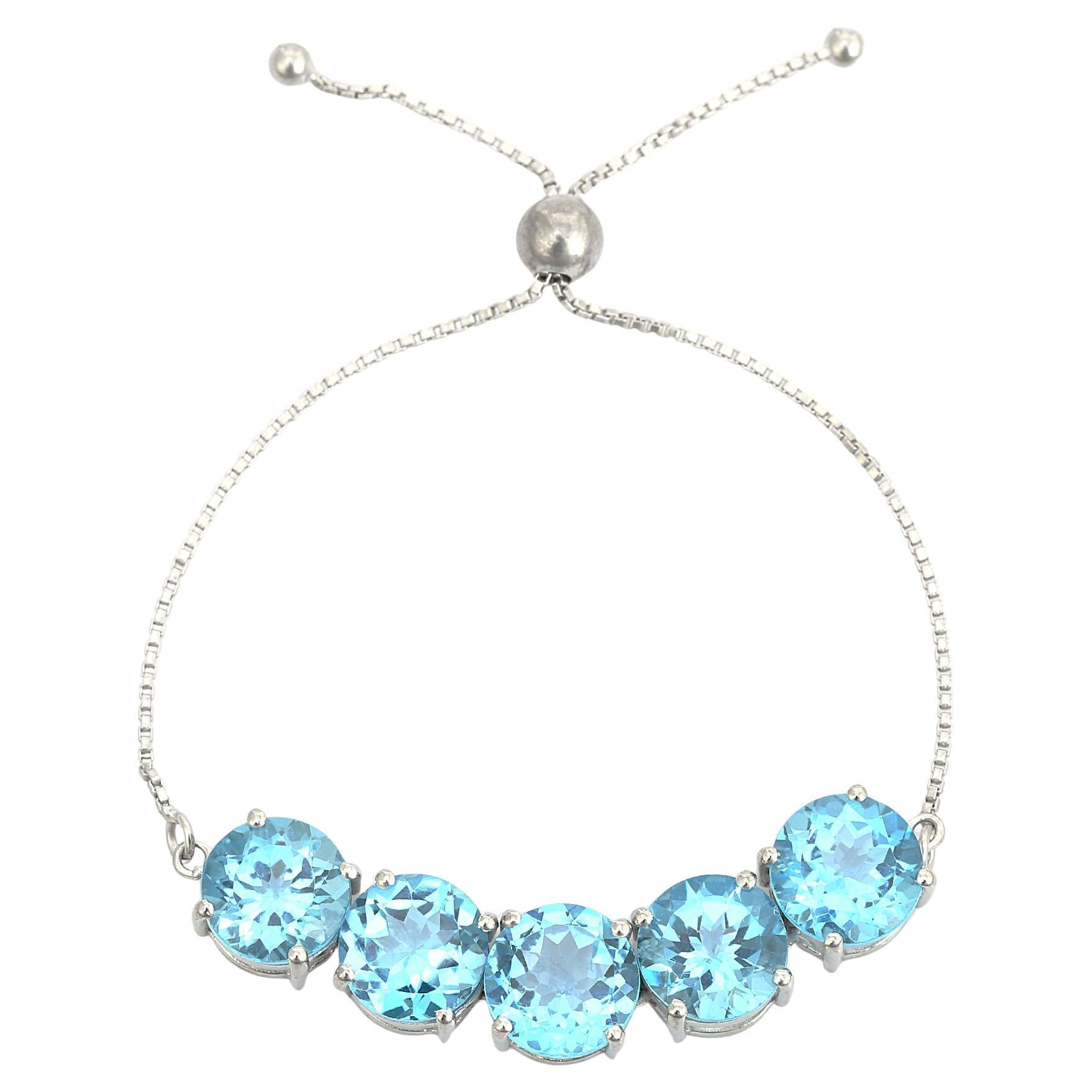Bohemian Round Cut Blue Topaz December Birthstone Bolo Silver Bracelet for Her