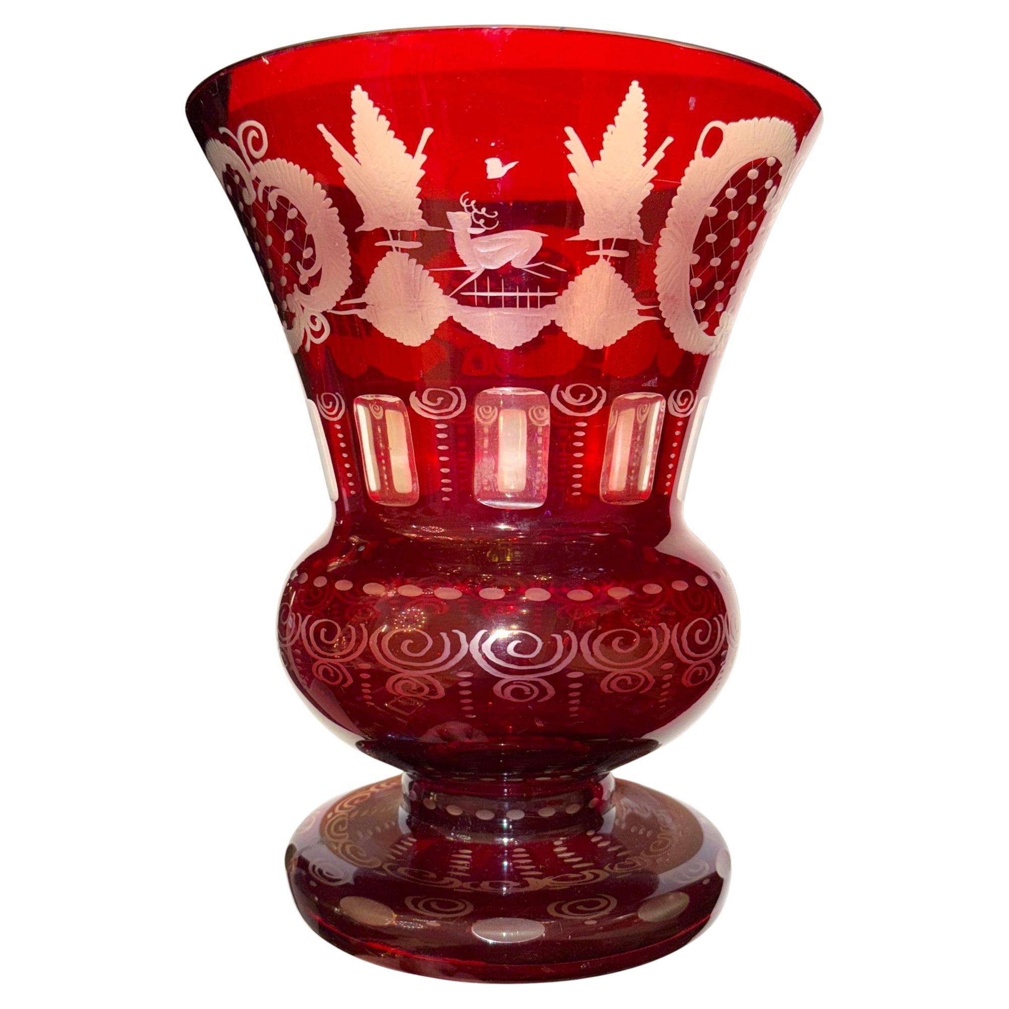 Bohemian Ruby cut to clear Glass Vase by Egermann, Mid-20th Century For Sale