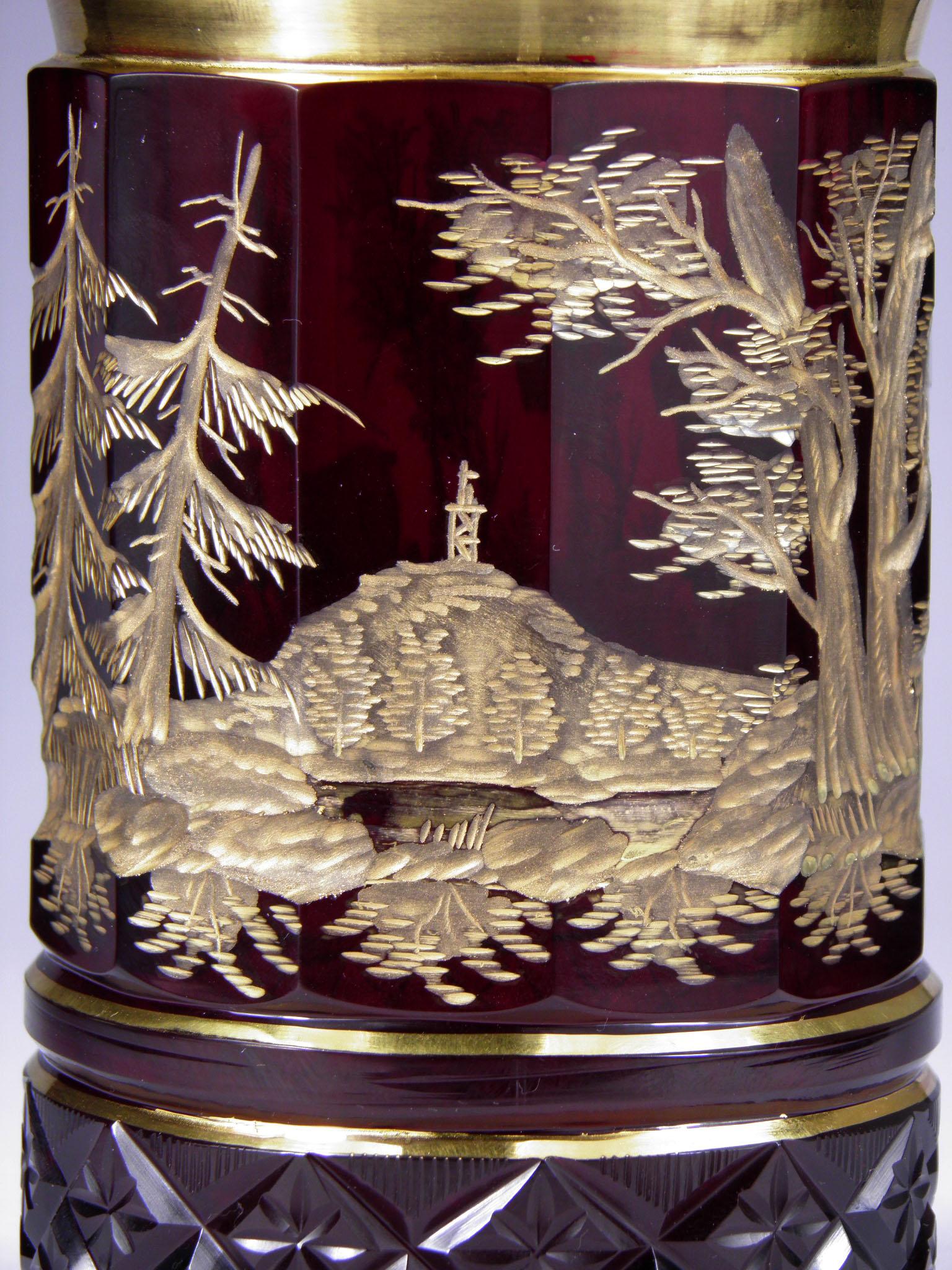 Czech Bohemian Ruby Gilded Glass Goblet Hunting Motive