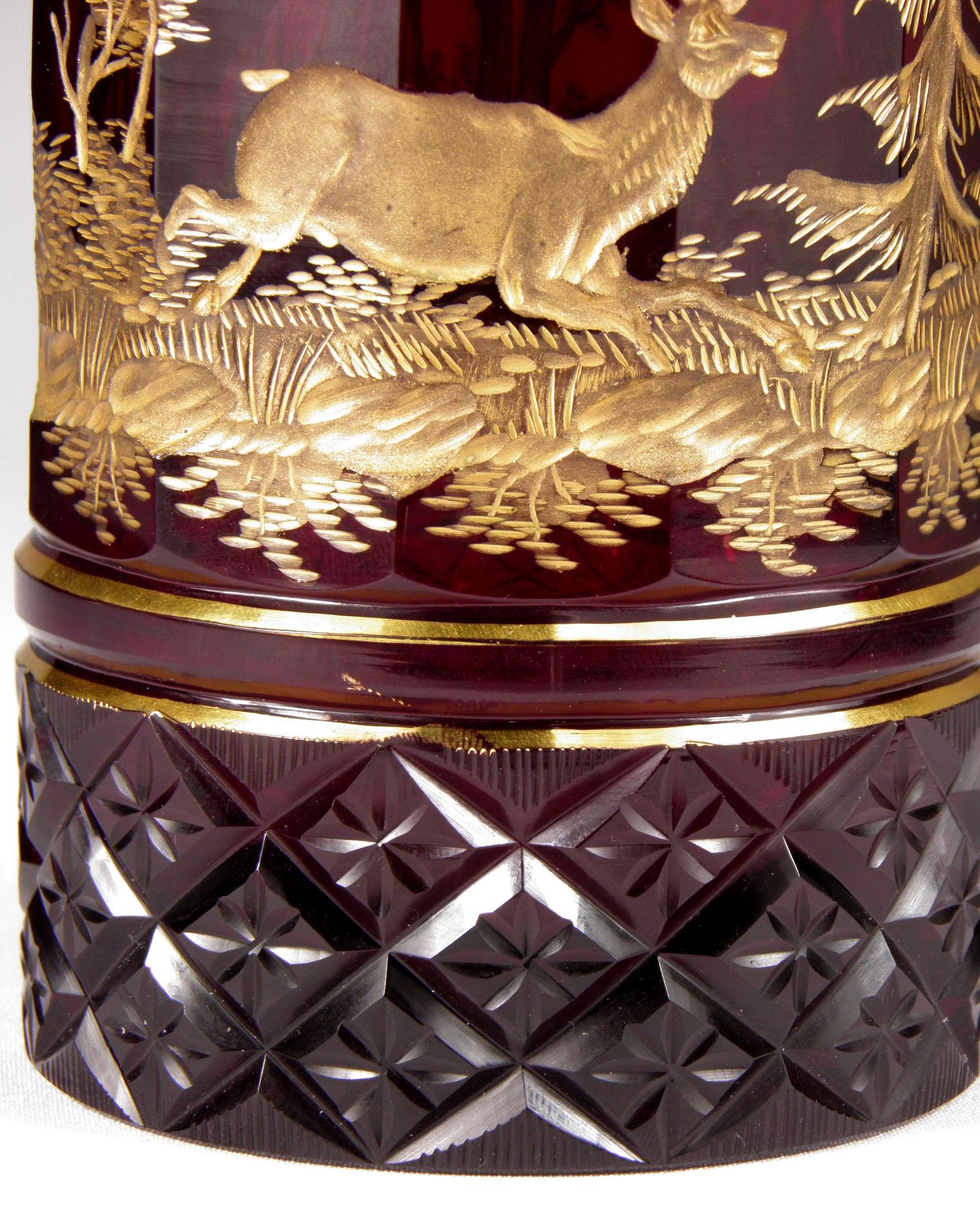 Bohemian Ruby Gilded Glass Goblet Hunting Motive In Good Condition In Nový Bor, CZ