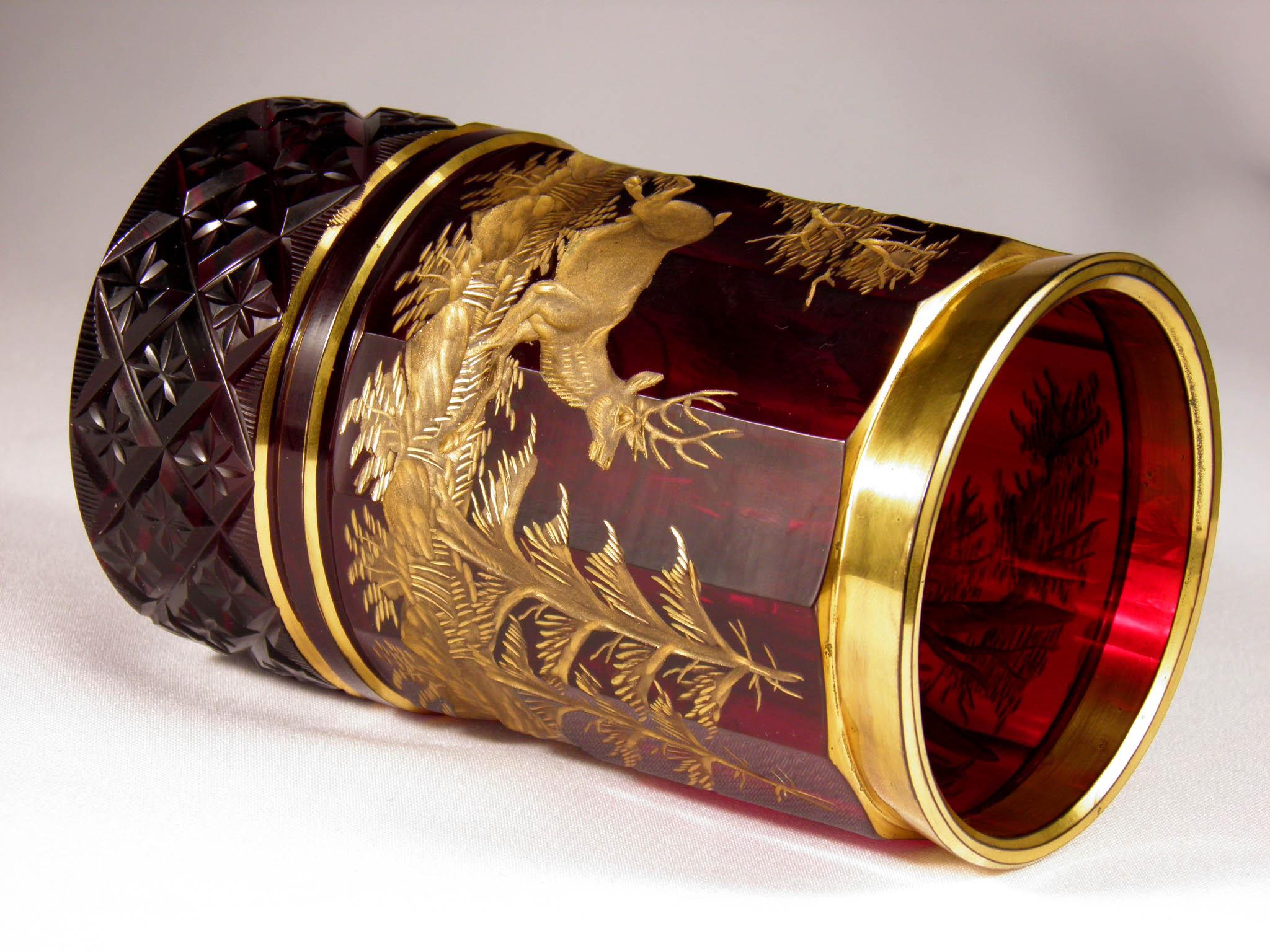 19th Century Bohemian Ruby Gilded Glass Goblet Hunting Motive