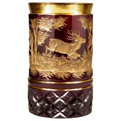 Bohemian Ruby Gilded Glass Goblet Hunting Motive