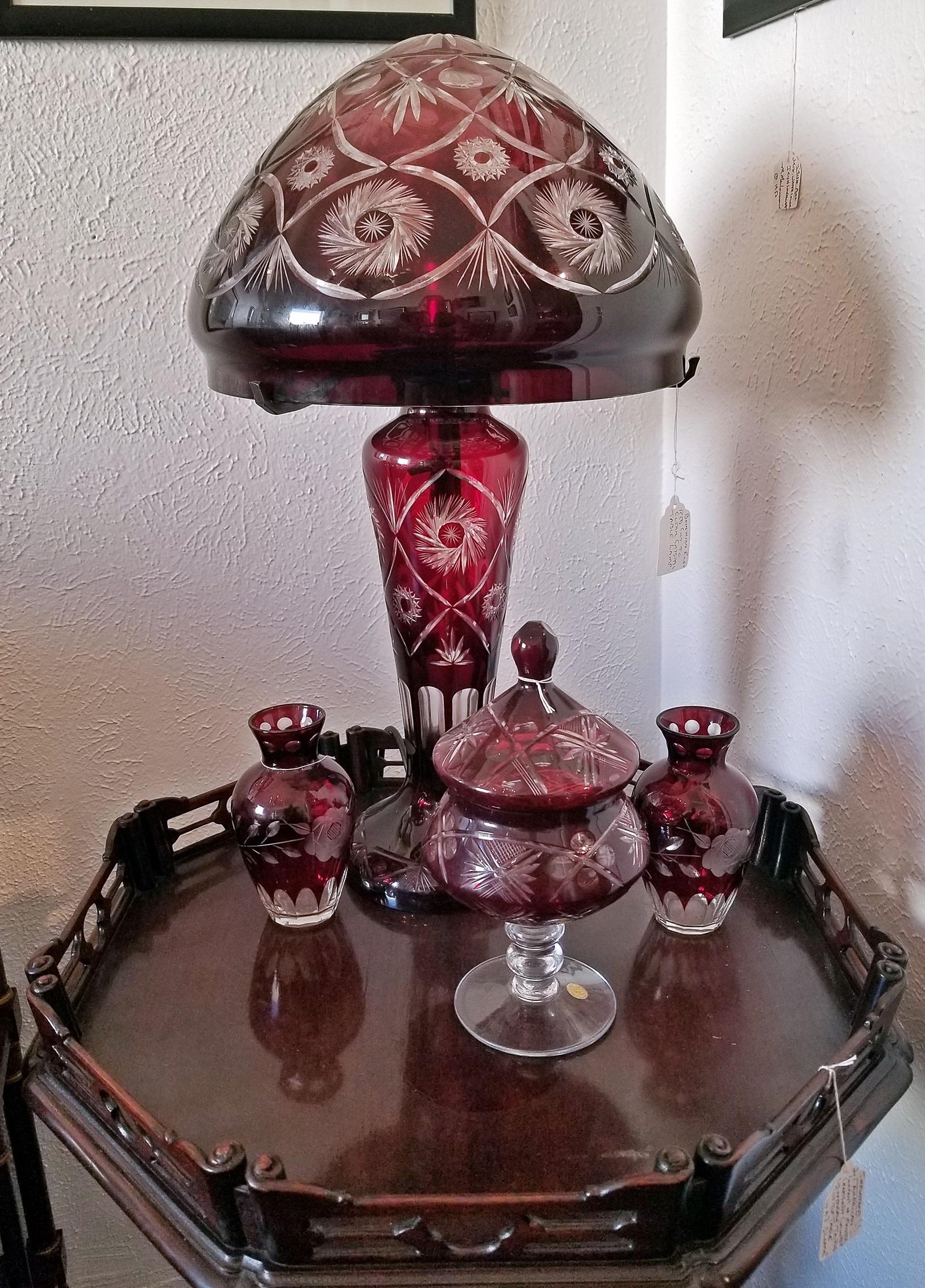 Bohemian Ruby Red Cut to Clear Crystal Table Lamp 3