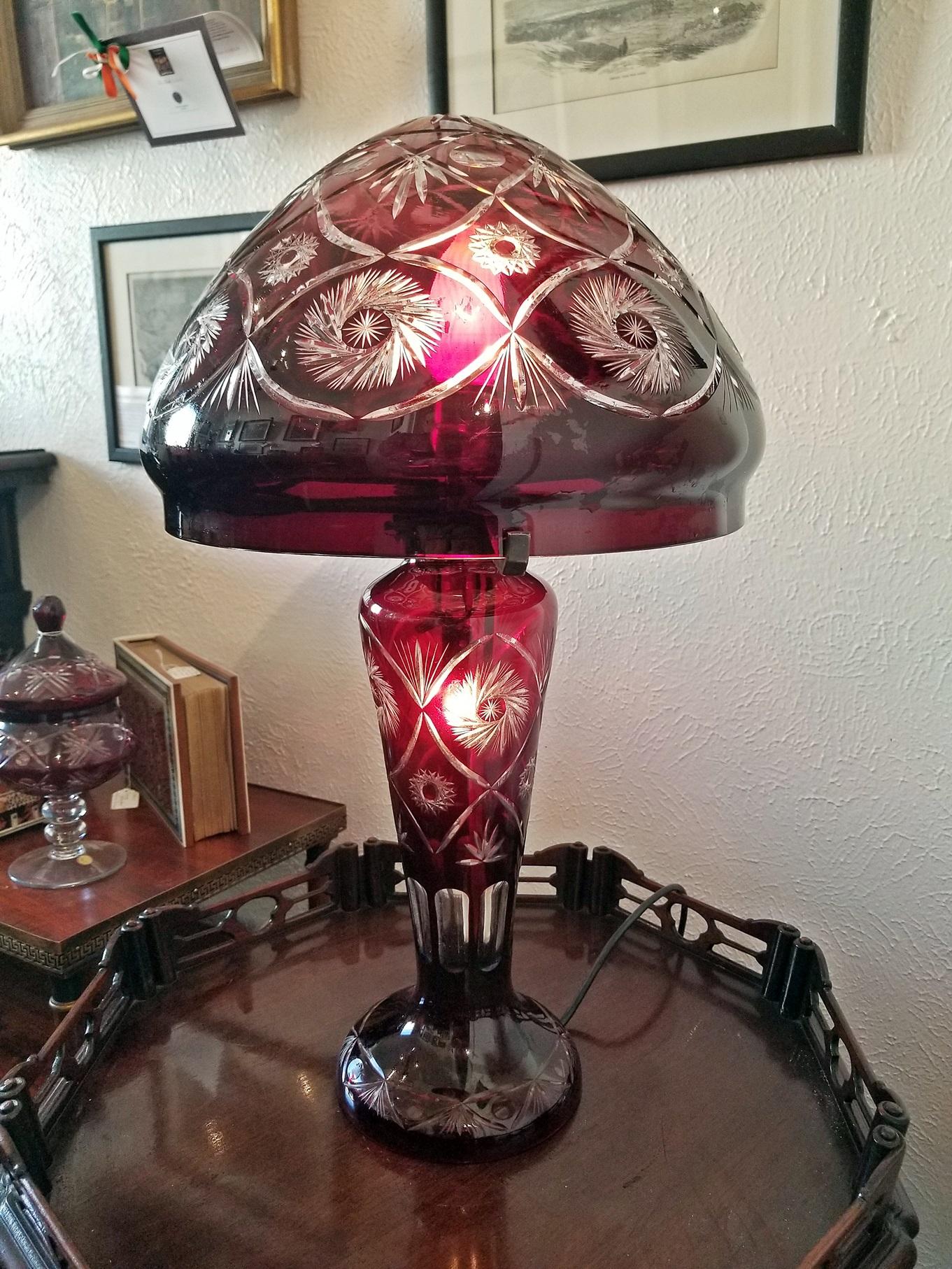 Bohemian Ruby Red Cut to Clear Crystal Table Lamp 4