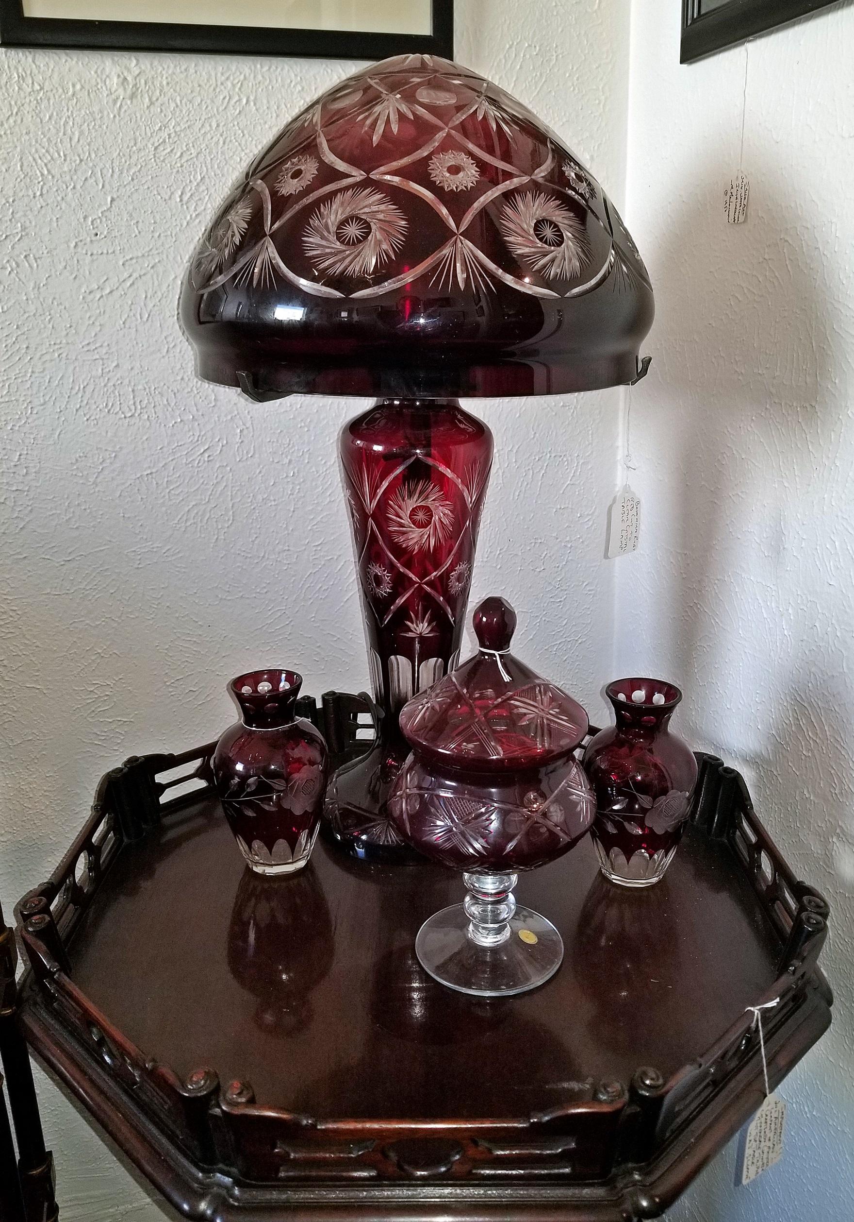 Hand-Carved Bohemian Ruby Red Cut to Clear Crystal Table Lamp