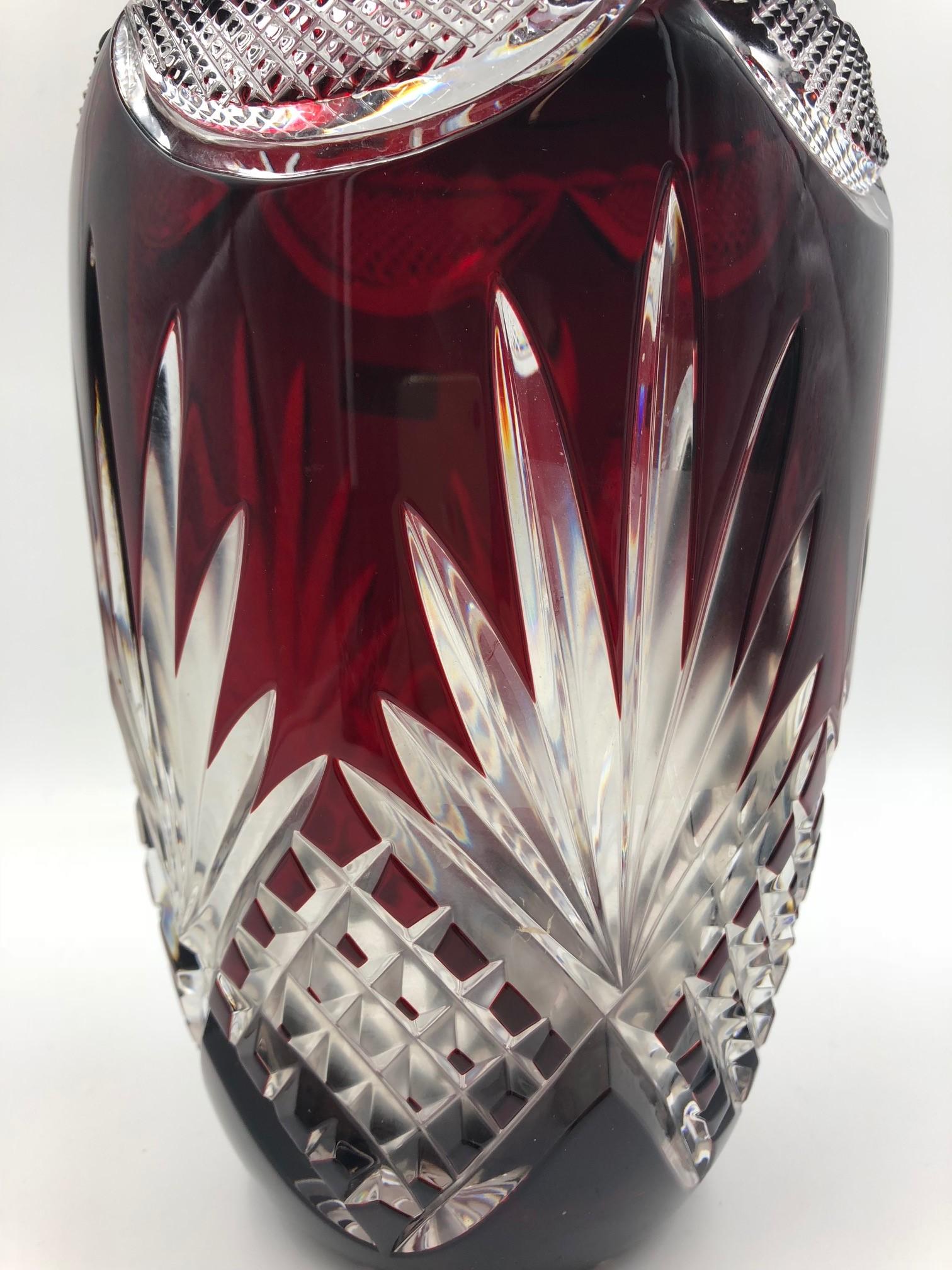 Czech Bohemian Ruby Red Cut to Clear Crystal Vase and Whiskey Glass For Sale