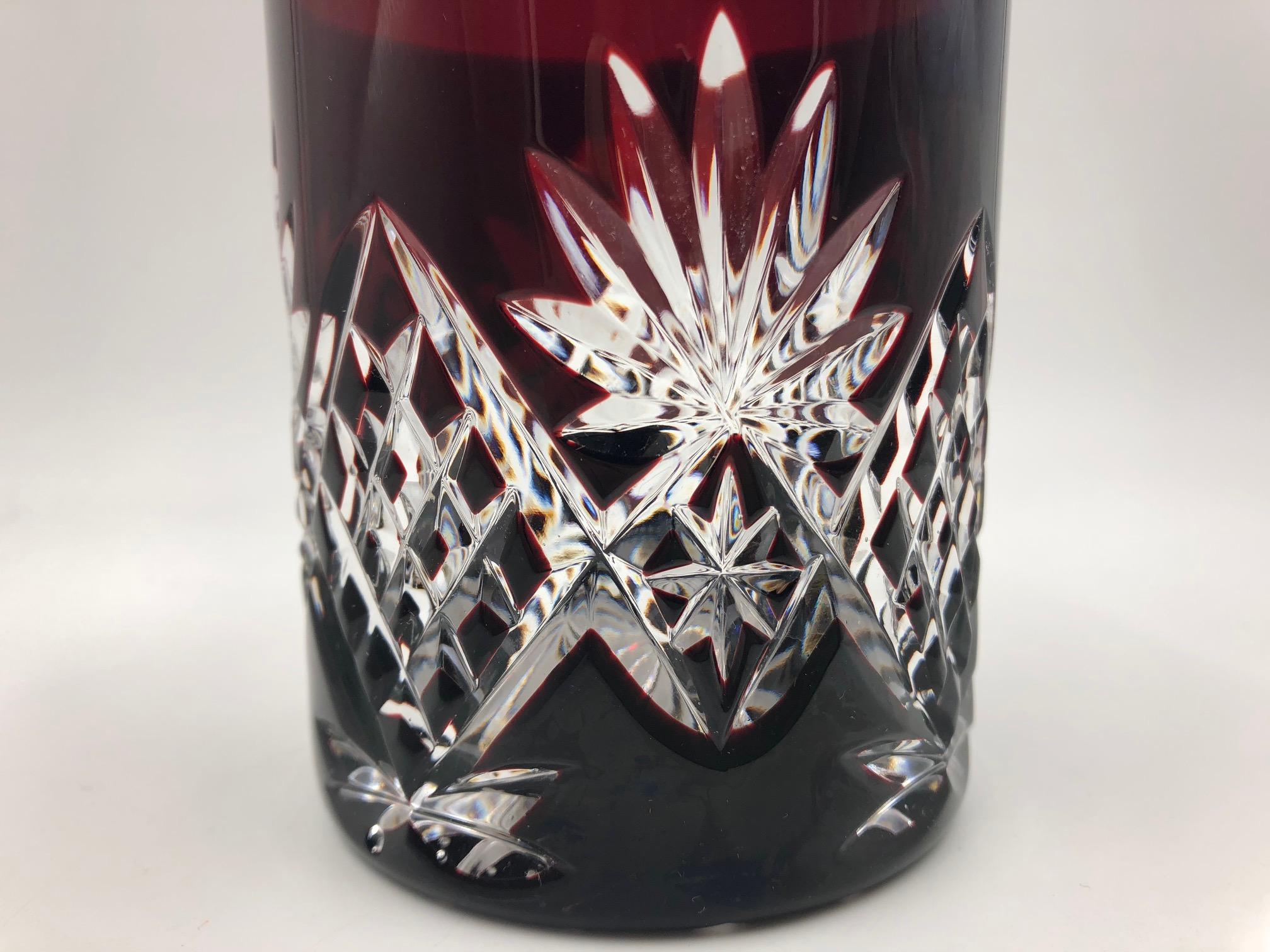 Bohemian Ruby Red Cut to Clear Crystal Vase and Whiskey Glass In Good Condition For Sale In Offenburg, DE