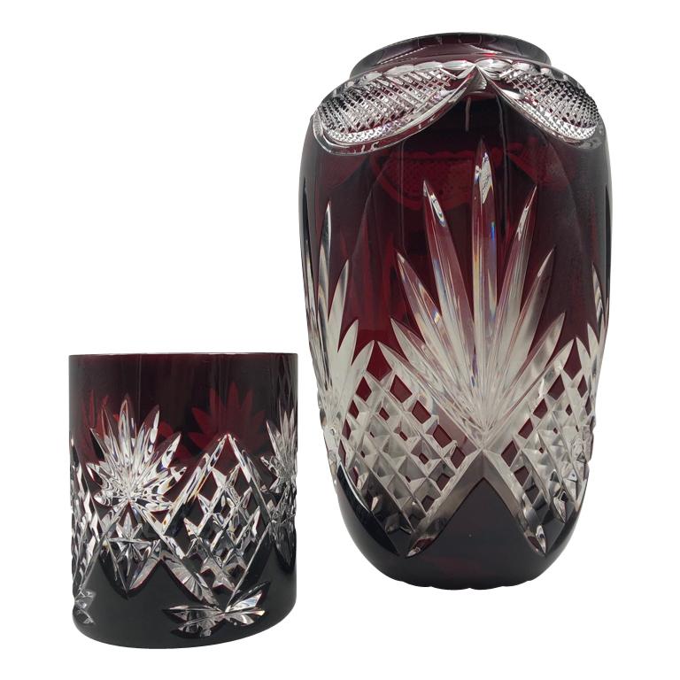Bohemian Ruby Red Cut to Clear Crystal Vase and Whiskey Glass For Sale