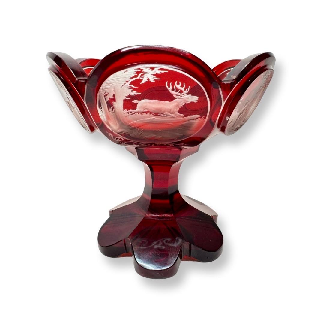 Czech Bohemian Ruby-Stained Crystal Bowl with Engravings, Karl Pfohl, 19th Century For Sale
