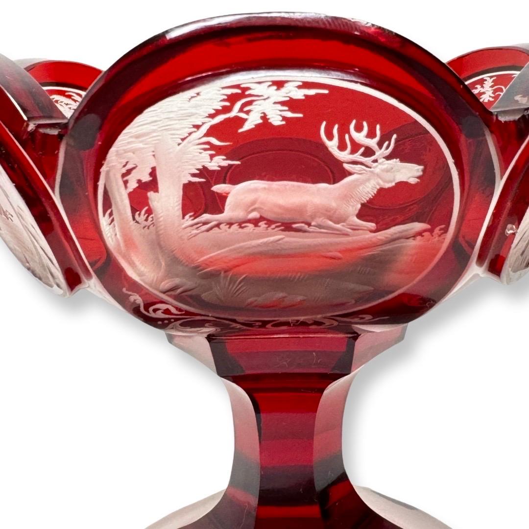 Engraved Bohemian Ruby-Stained Crystal Bowl with Engravings, Karl Pfohl, 19th Century For Sale