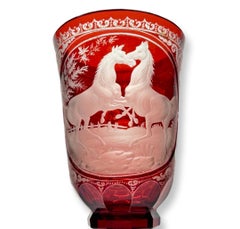 Bohemian Ruby-Stained Goblet with Engraved Horses, Karl Pfohl, 1850-1860