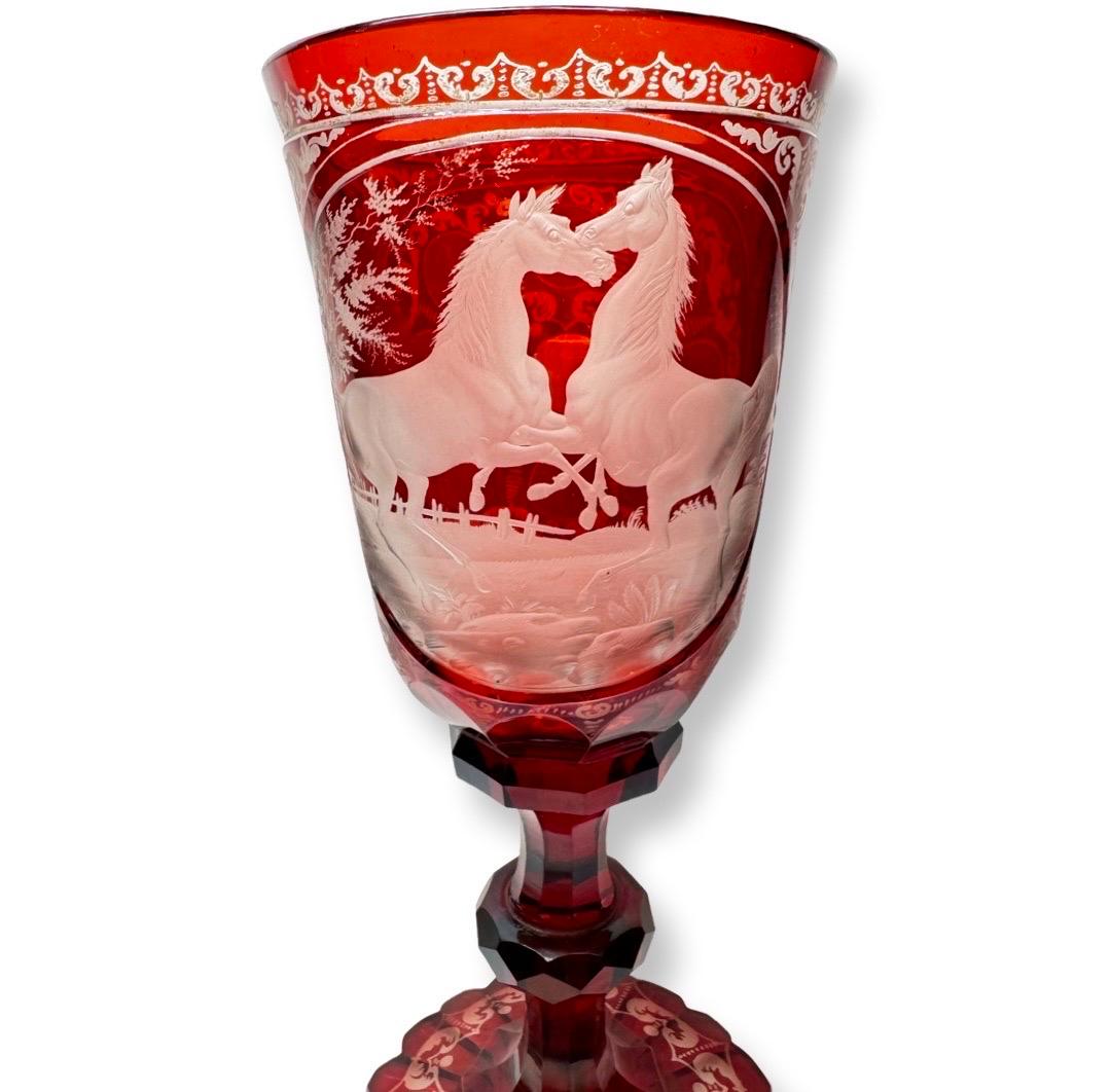 Bohemian Ruby-Stained Goblet with Engraved Horses, Karl Pfohl, 1850-1860 In Excellent Condition For Sale In CANNES, FR