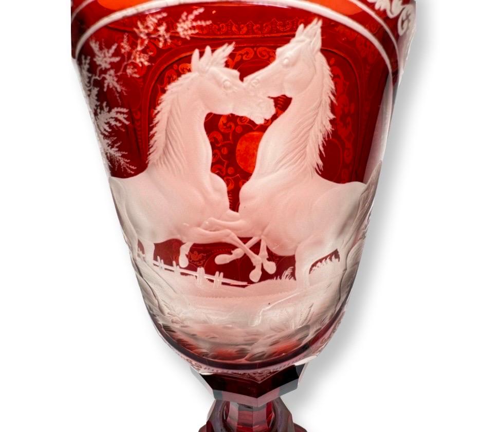 19th Century Bohemian Ruby-Stained Goblet with Engraved Horses, Karl Pfohl, 1850-1860 For Sale