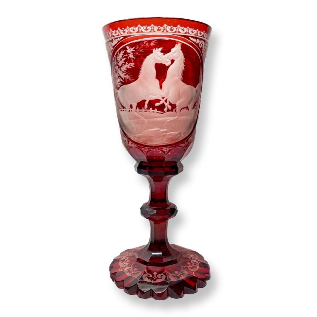 Crystal Bohemian Ruby-Stained Goblet with Engraved Horses, Karl Pfohl, 1850-1860 For Sale