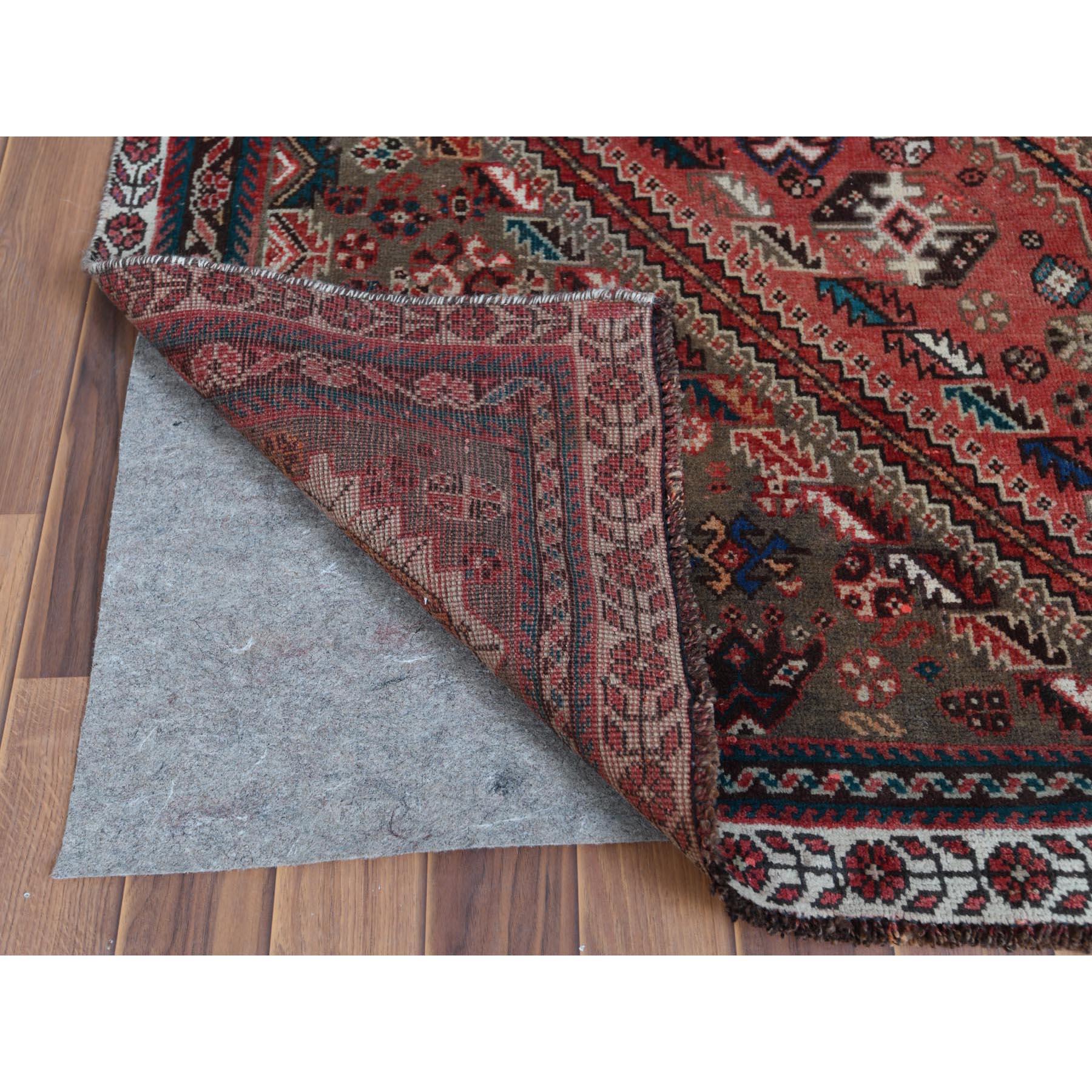 Medieval Bohemian Rust Red Persian Qashqai Vintage Worn Down Wool Handmade Rug
