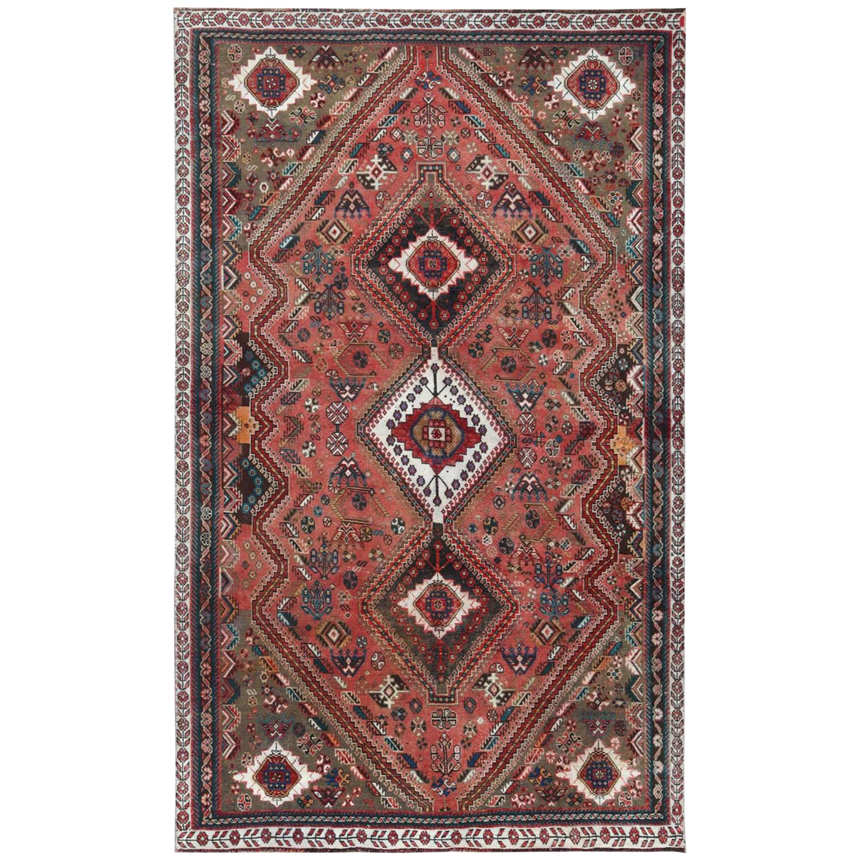 Bohemian Rust Red Persian Qashqai Vintage Worn Down Wool Handmade Rug