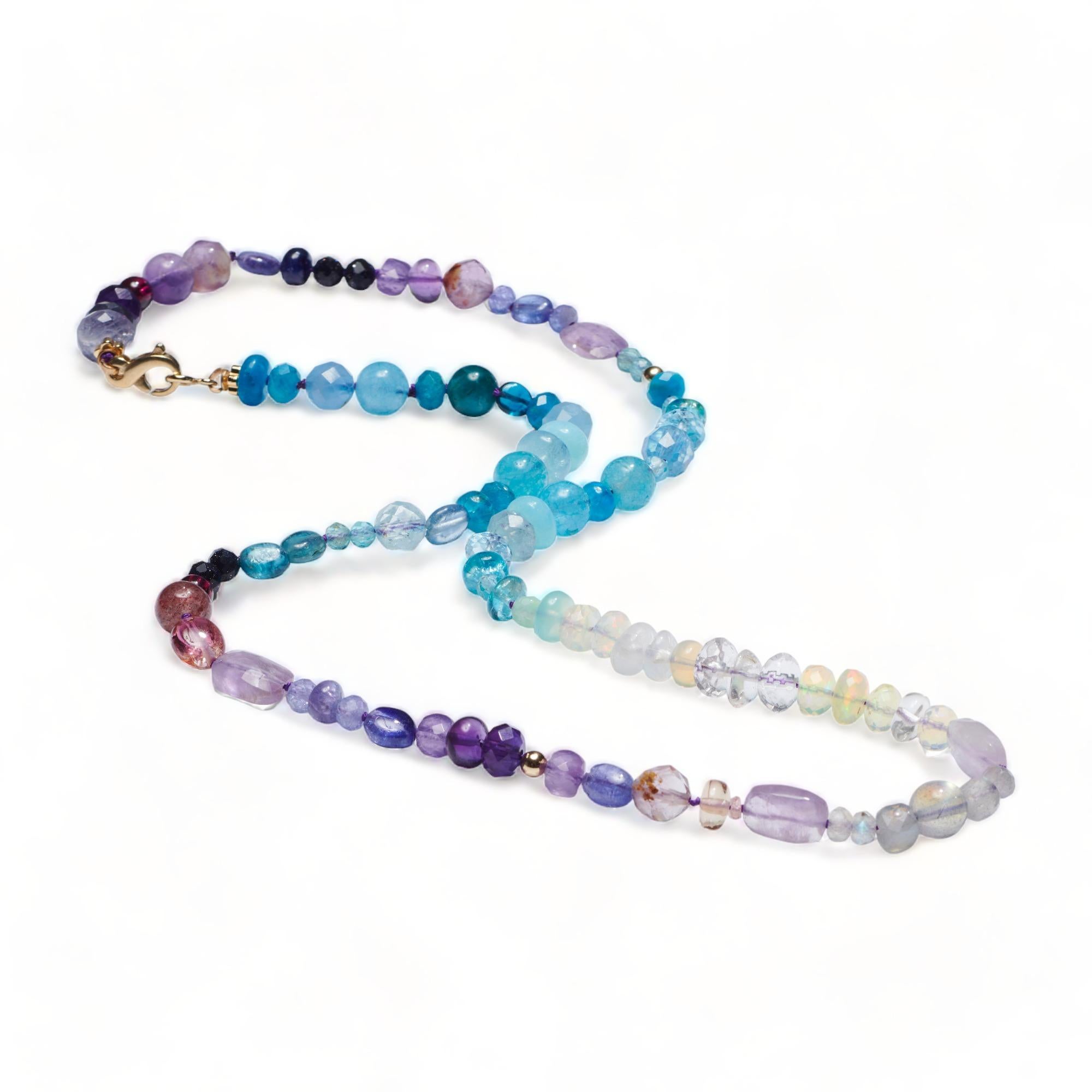 Modern Pink Sapphire and Moonstone with Fire Opal Beaded Yellow Gold Necklace For Sale