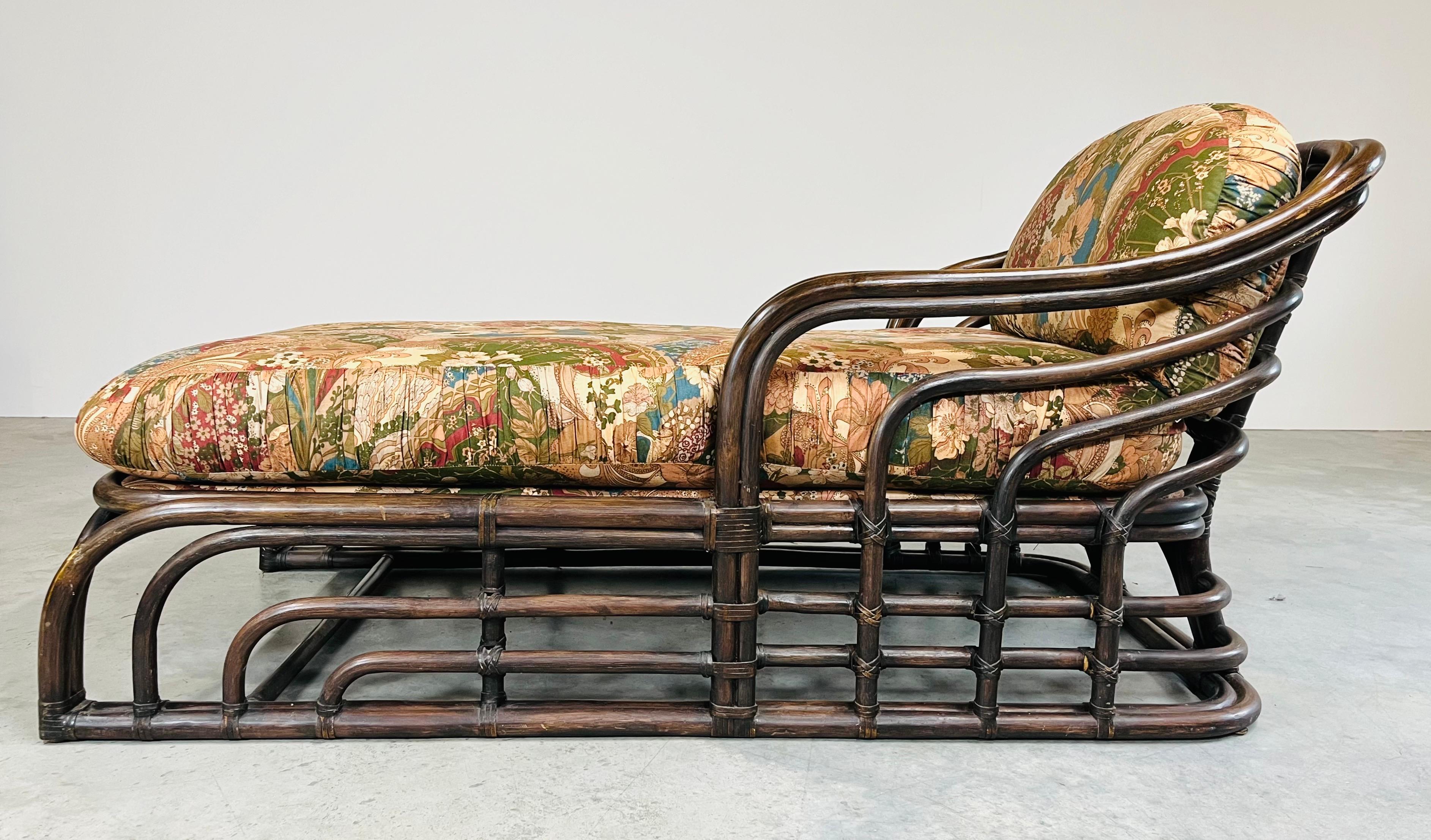 American Bohemian Ficks Reed Style Sculptural Bamboo Chaise Lounge Chair Circa 1960 For Sale