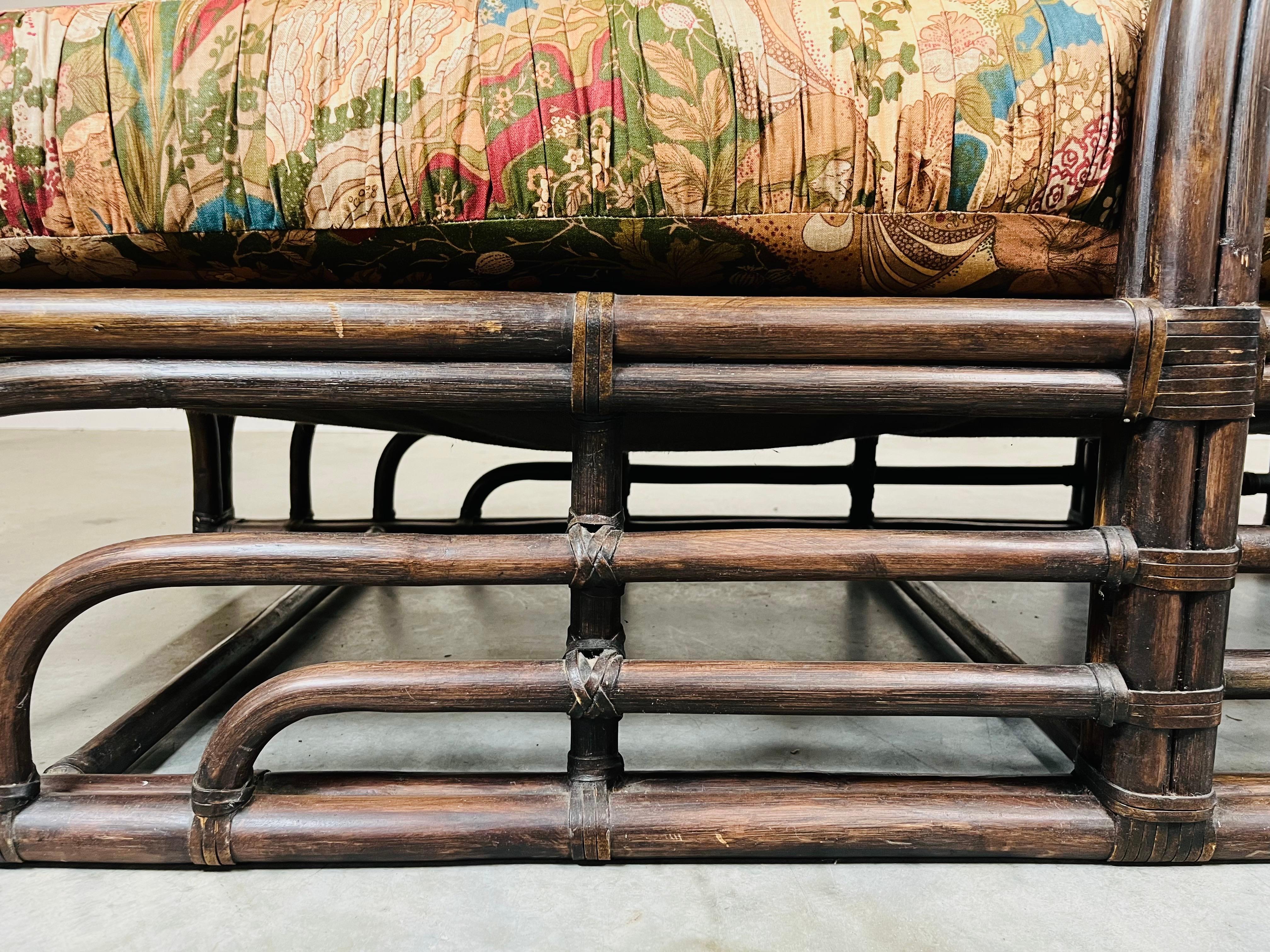 Leather Bohemian Ficks Reed Style Sculptural Bamboo Chaise Lounge Chair Circa 1960 For Sale