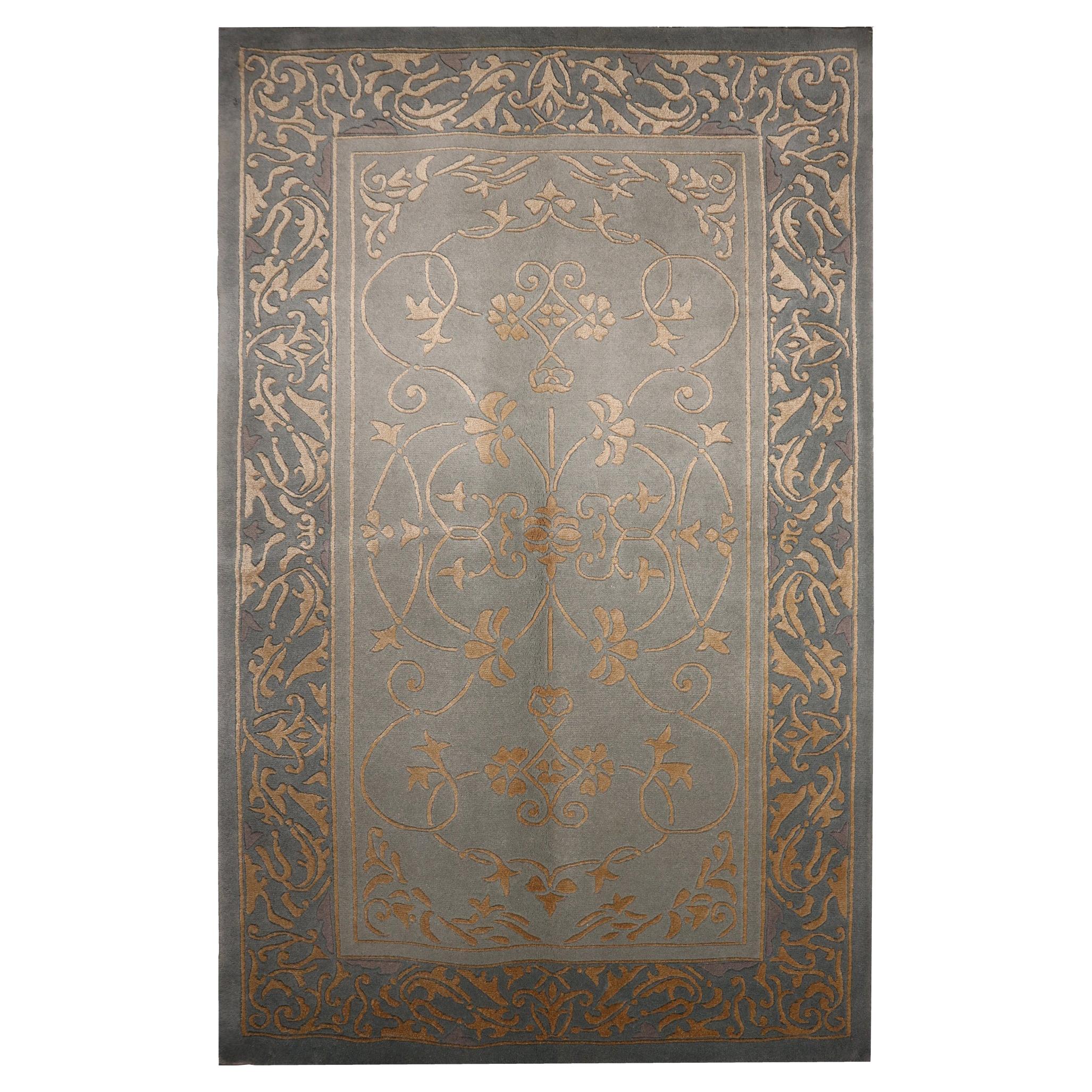 Blue Silk Rug Handwoven Grey Gold Carpet Area Rug 90 x 150 cm 