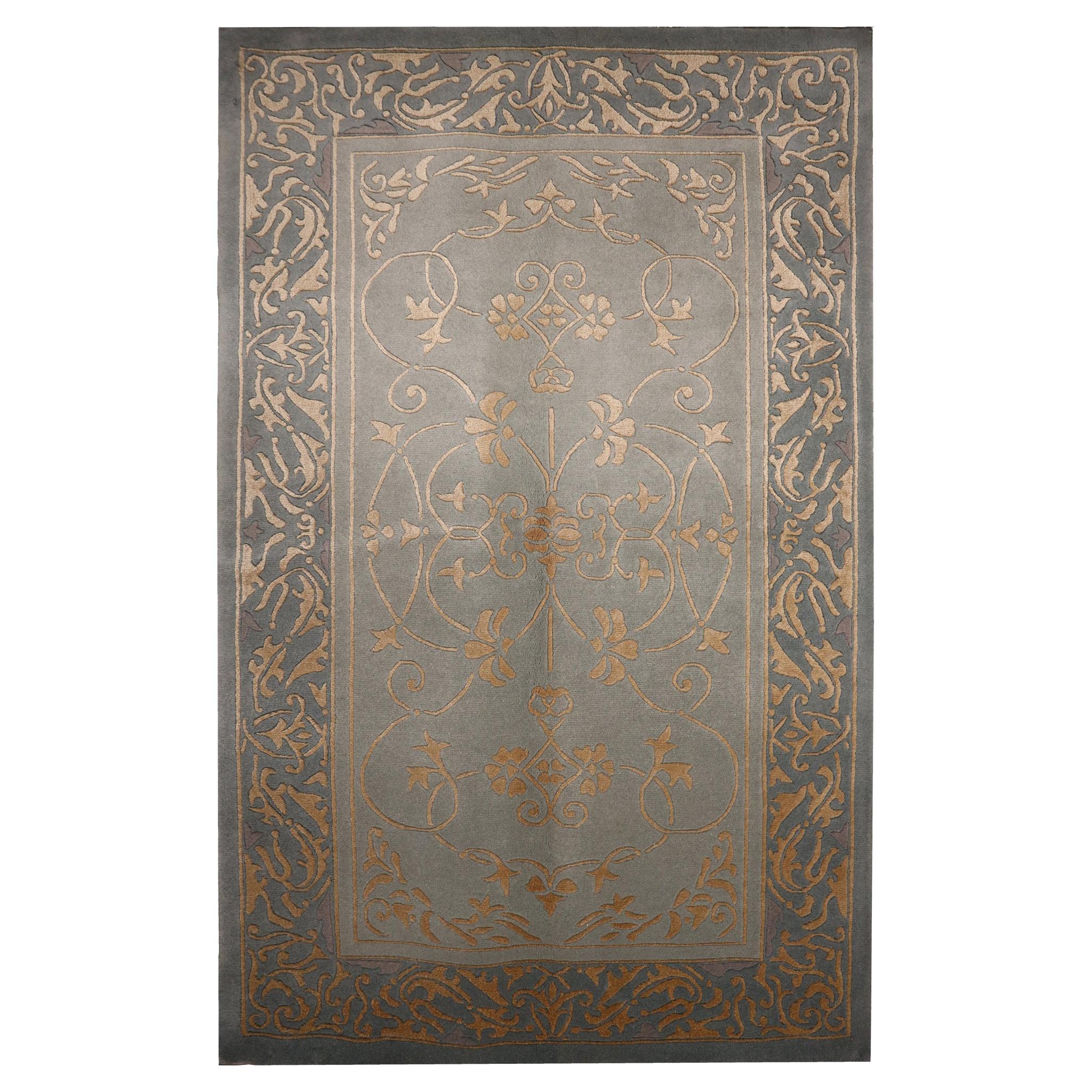 Blue Silk Rug Handwoven Grey Gold Carpet Area Rug 90 x 150 cm