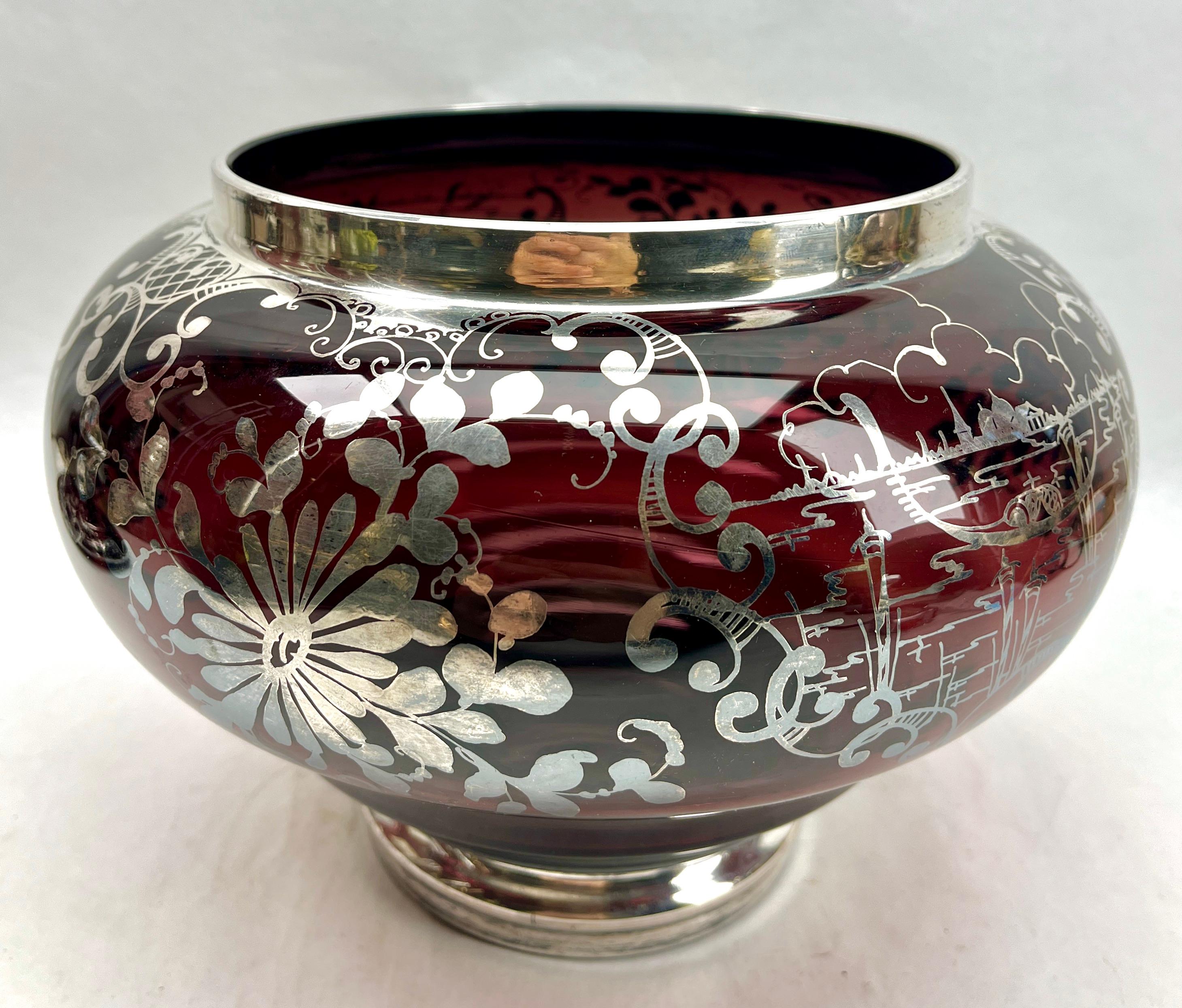 Bohemian Silver Edging Hand-Crafted Glass Punch Bowl with Lid  For Sale 2