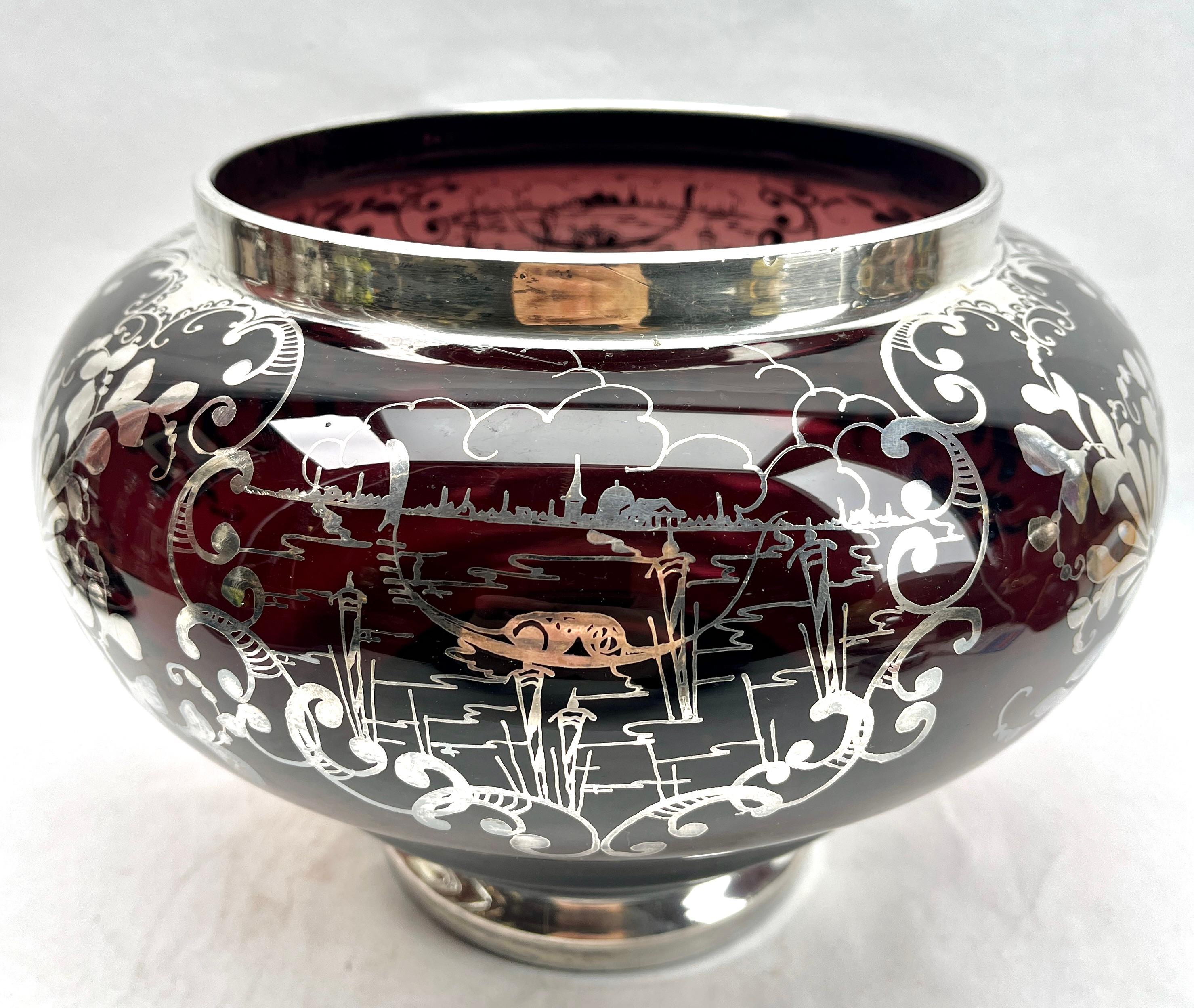 Czech Bohemian Silver Edging Hand-Crafted Glass Punch Bowl with Lid  For Sale