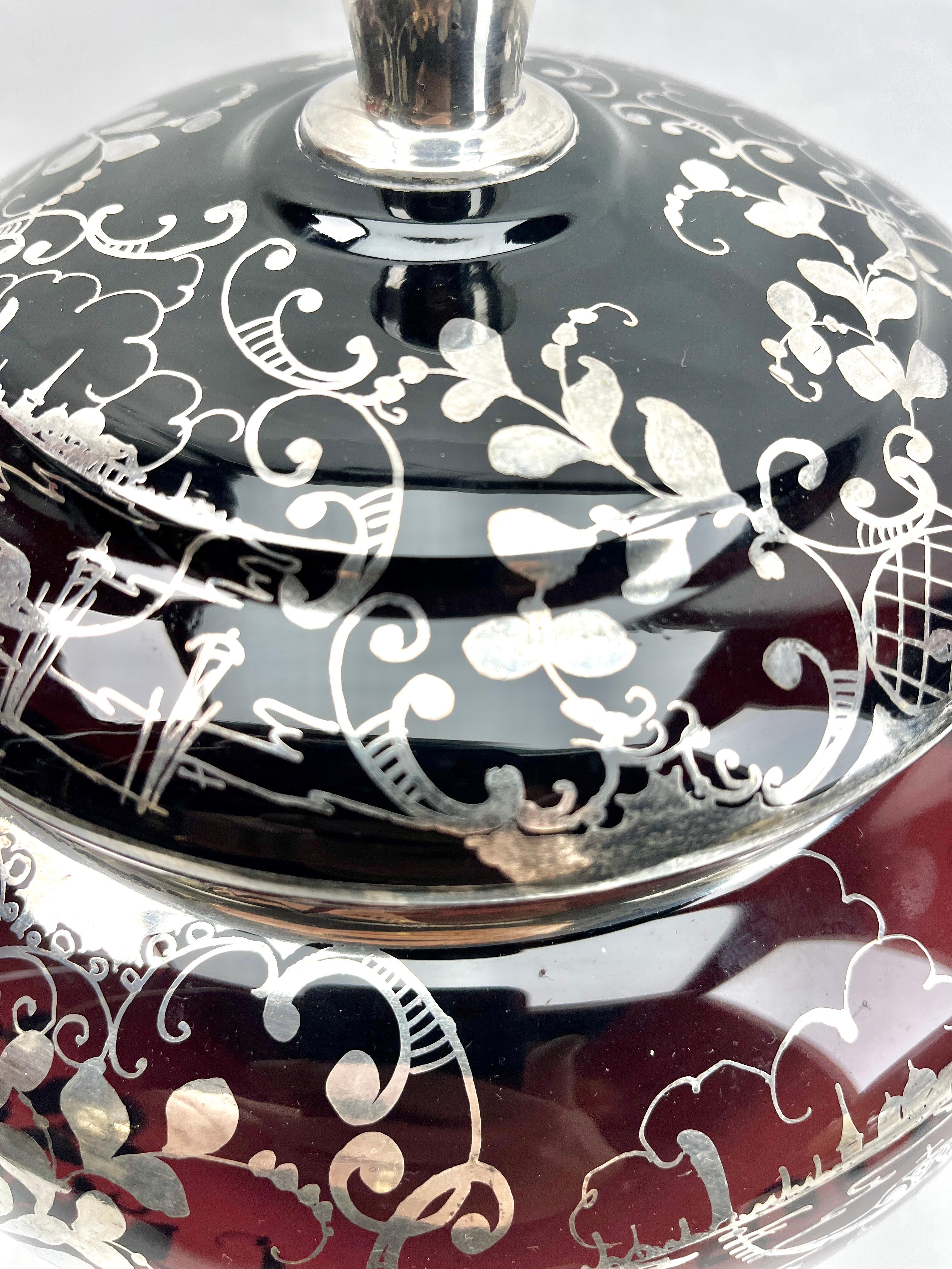 Hand-Painted Bohemian Silver Edging Hand-Crafted Glass Punch Bowl with Lid For Sale