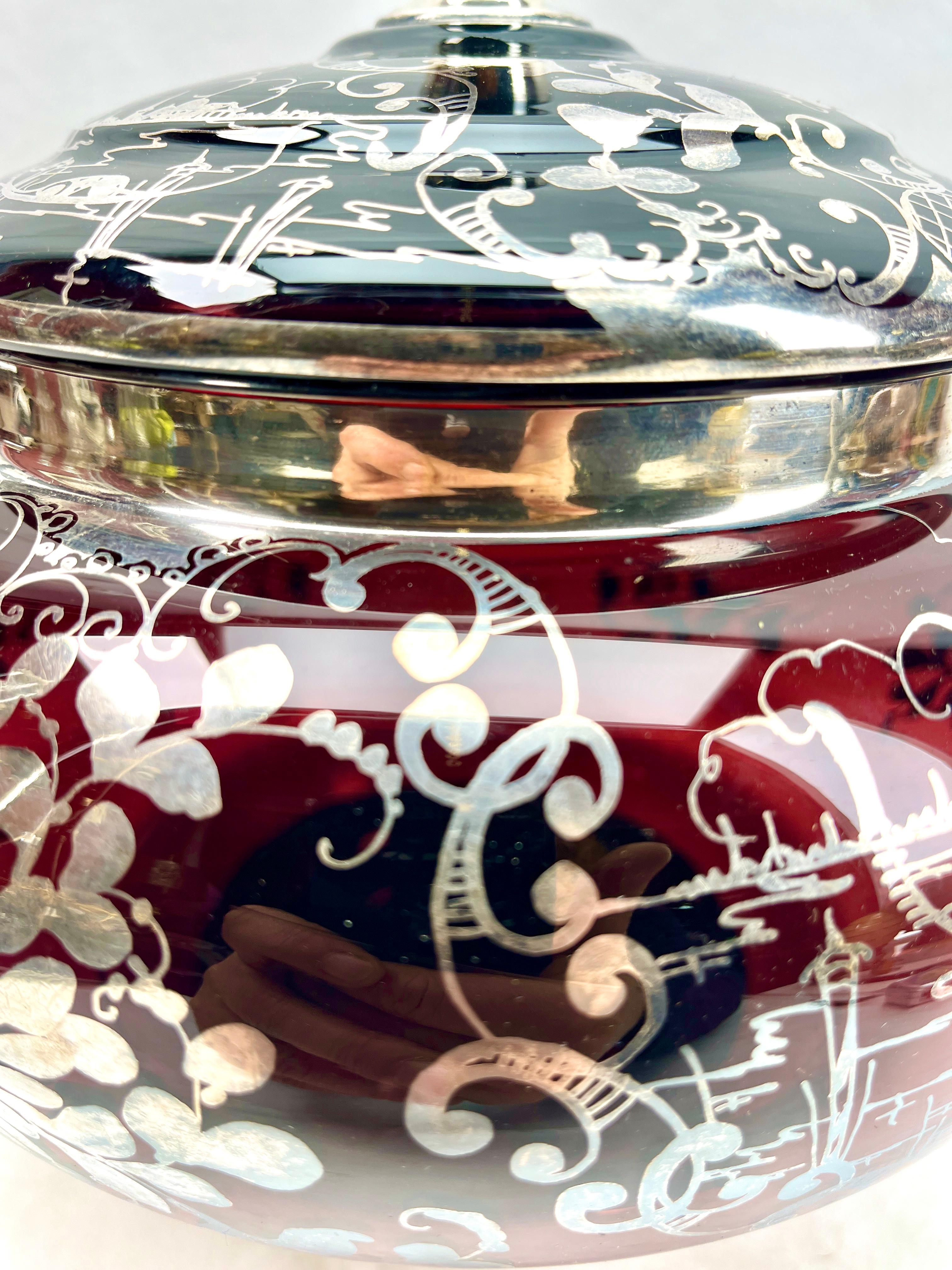 Bohemian Silver Edging Hand-Crafted Glass Punch Bowl with Lid In Good Condition For Sale In Verviers, BE