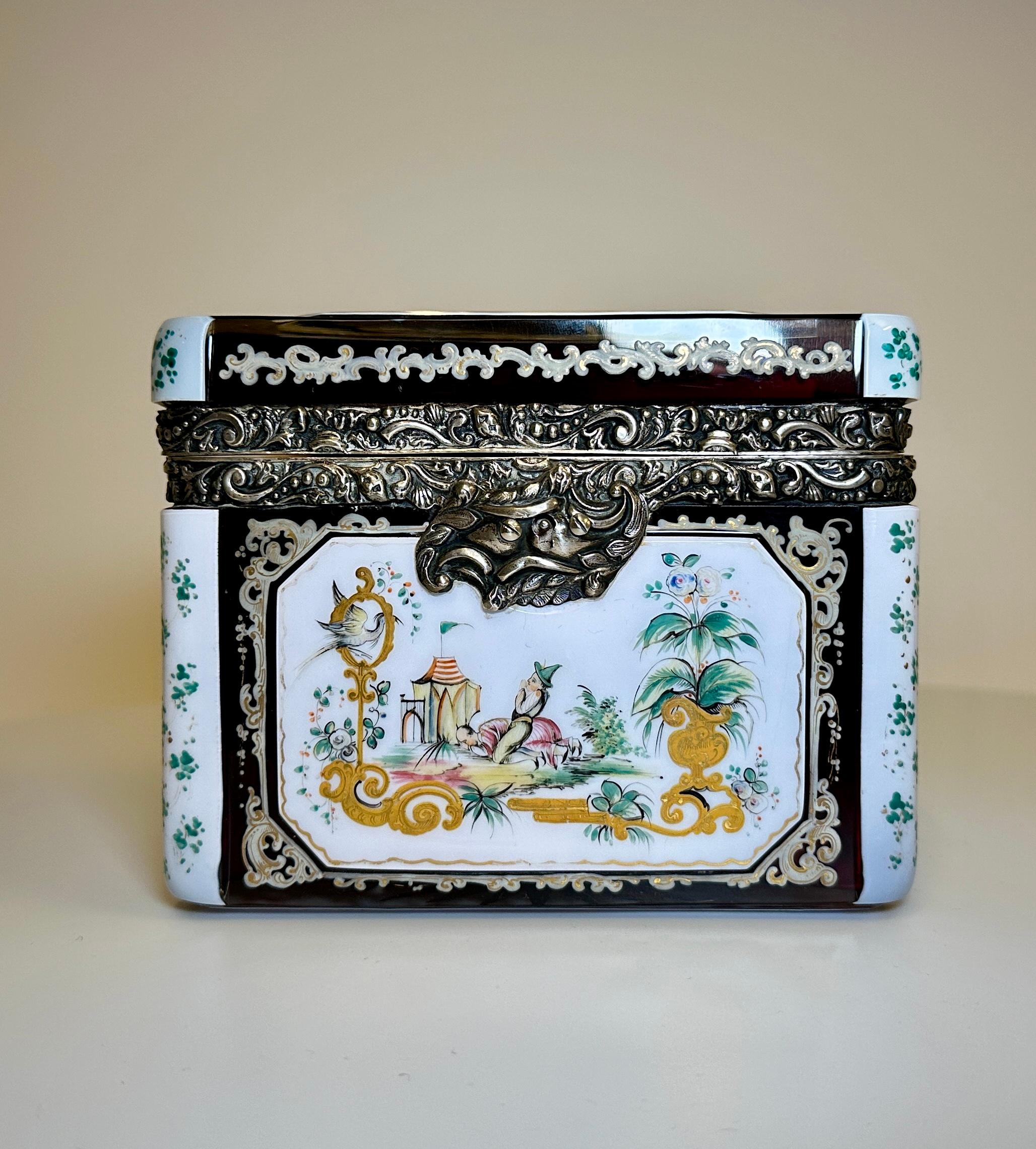 Bohemian silver-mounted overlay and enameled box, dated 1852 with chinoiserie decorations and Viennese silver.