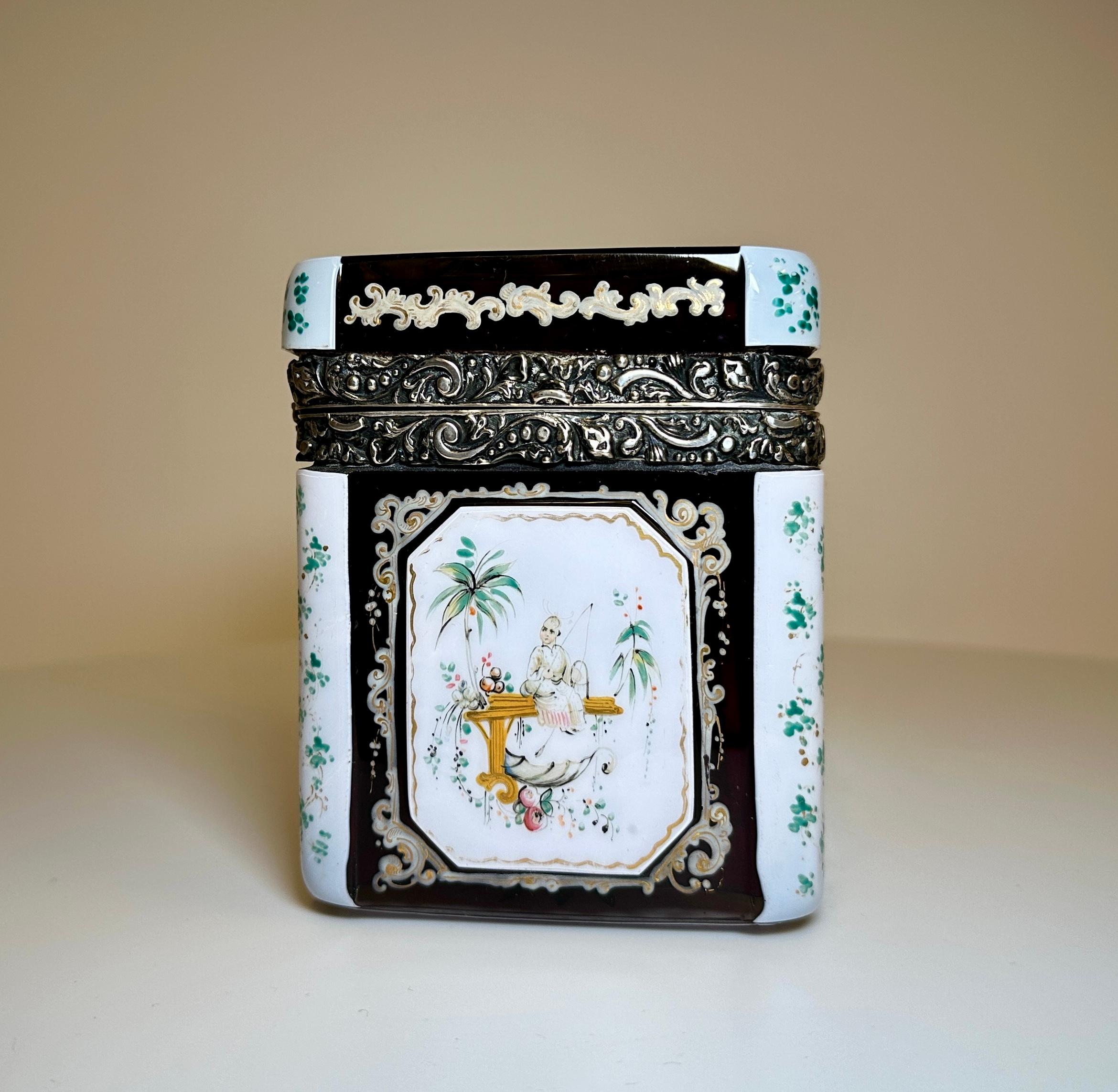 Chinoiserie Bohemian Silver-Mounted Overlay and Enameled Box, Dated 1852 For Sale