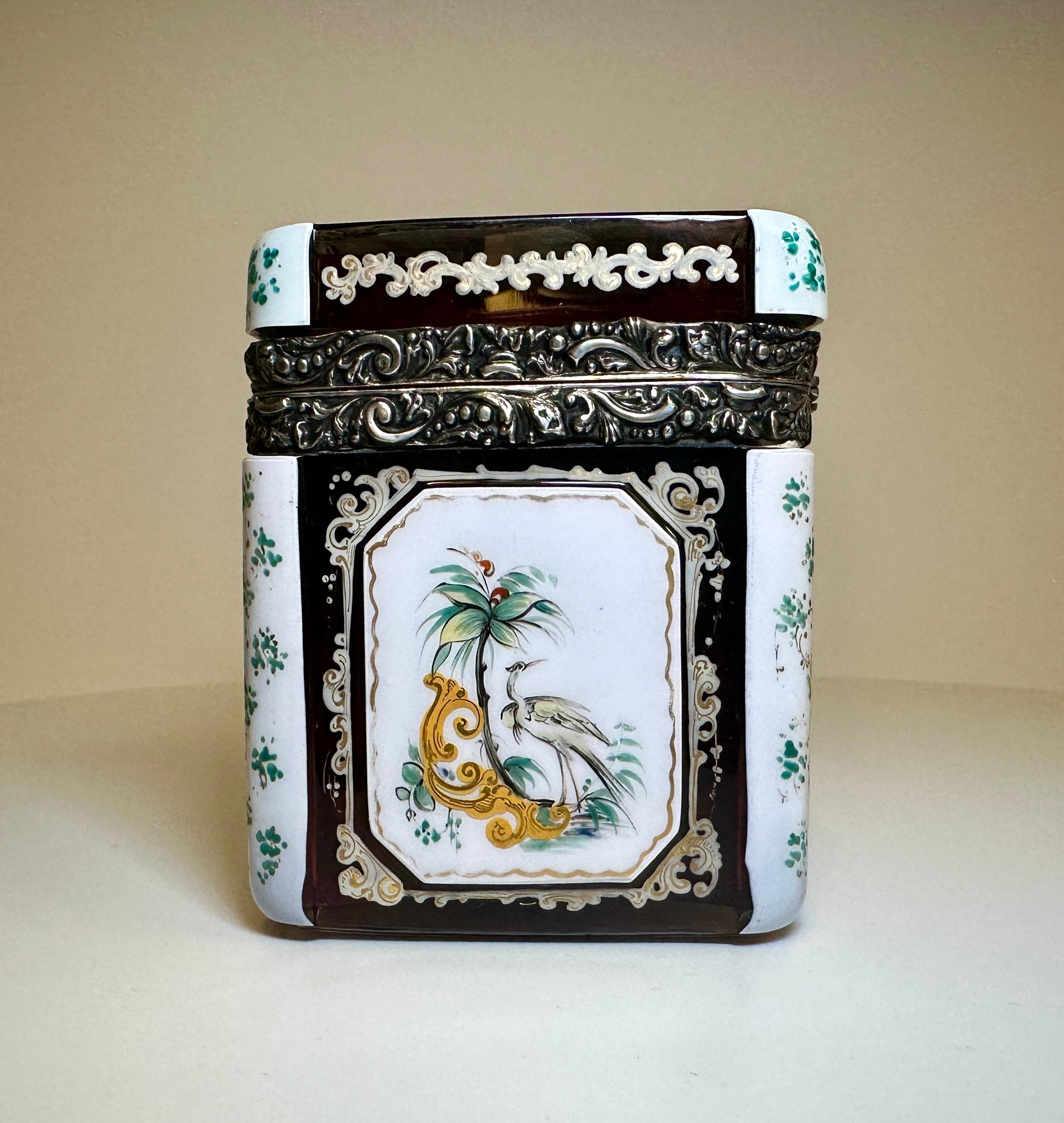 Austrian Bohemian Silver-Mounted Overlay and Enameled Box, Dated 1852 For Sale