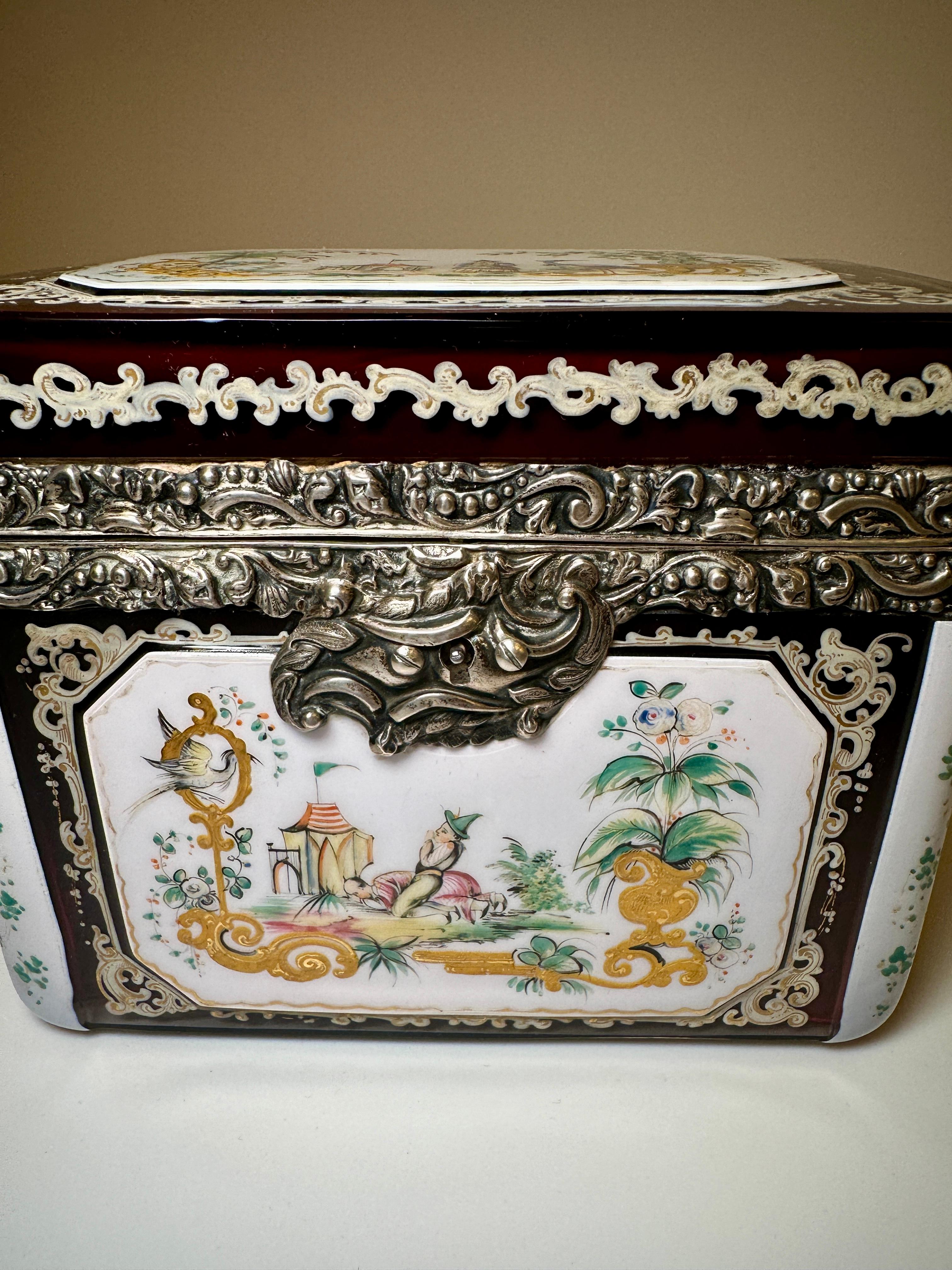 Bohemian Silver-Mounted Overlay and Enameled Box, Dated 1852 For Sale 1