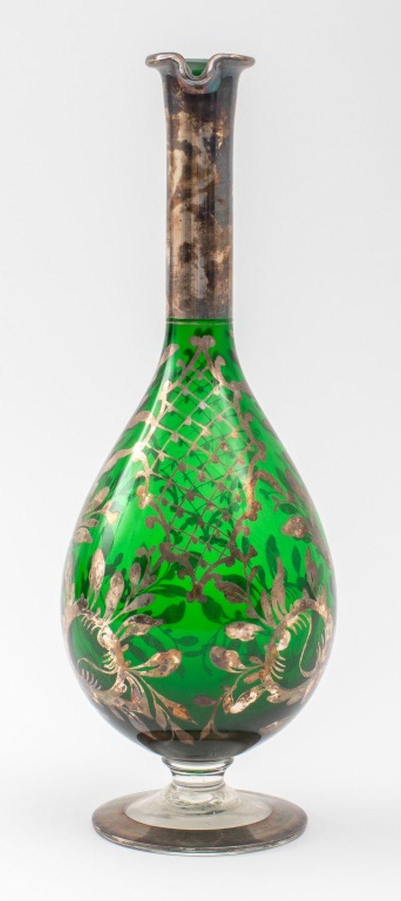 Bohemian Silver Overlay Green Glass Ewer. 12