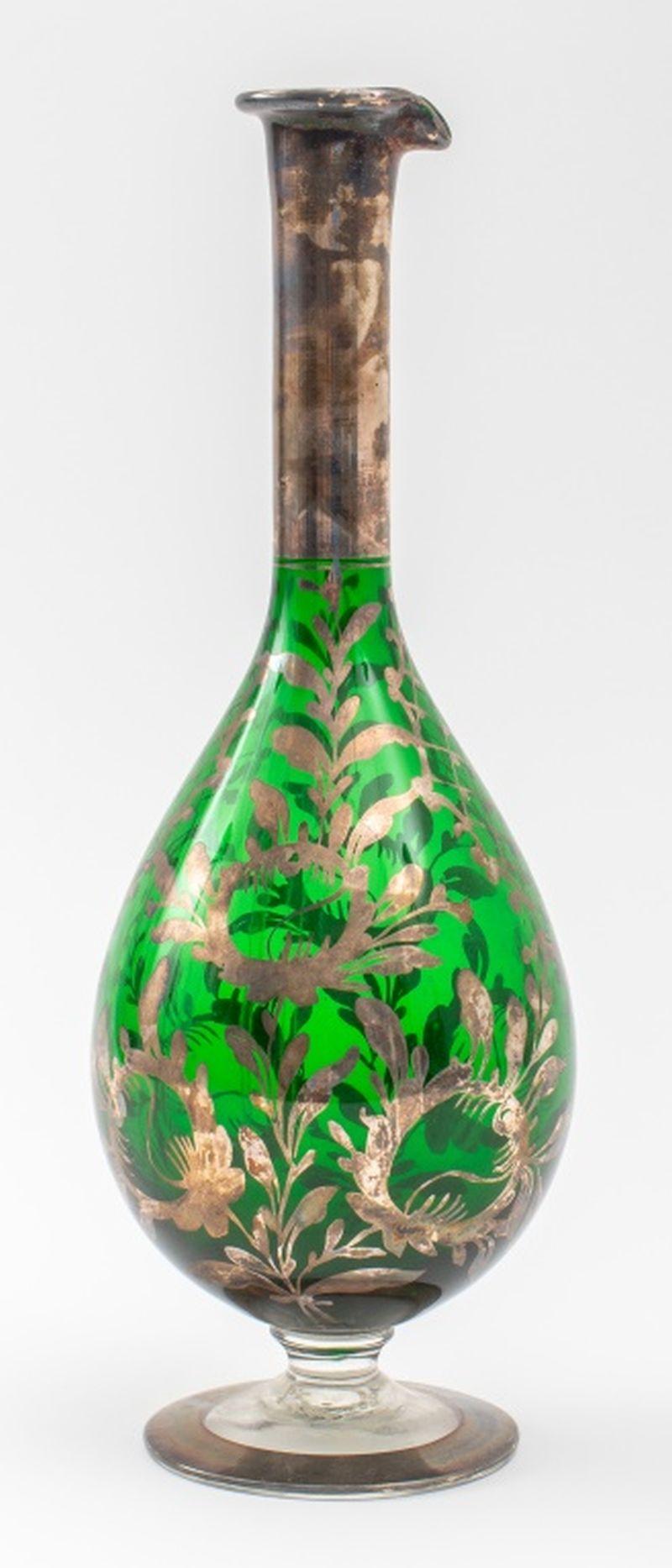 Bohemian Silver Overlay Green Glass Ewer In Good Condition For Sale In Astoria, NY