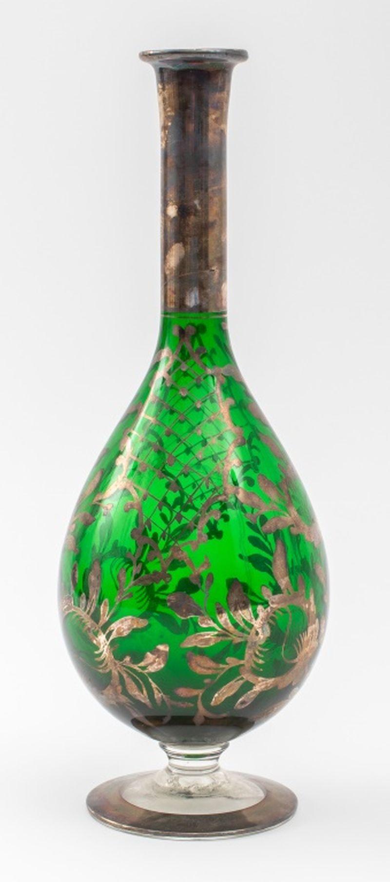 20th Century Bohemian Silver Overlay Green Glass Ewer For Sale