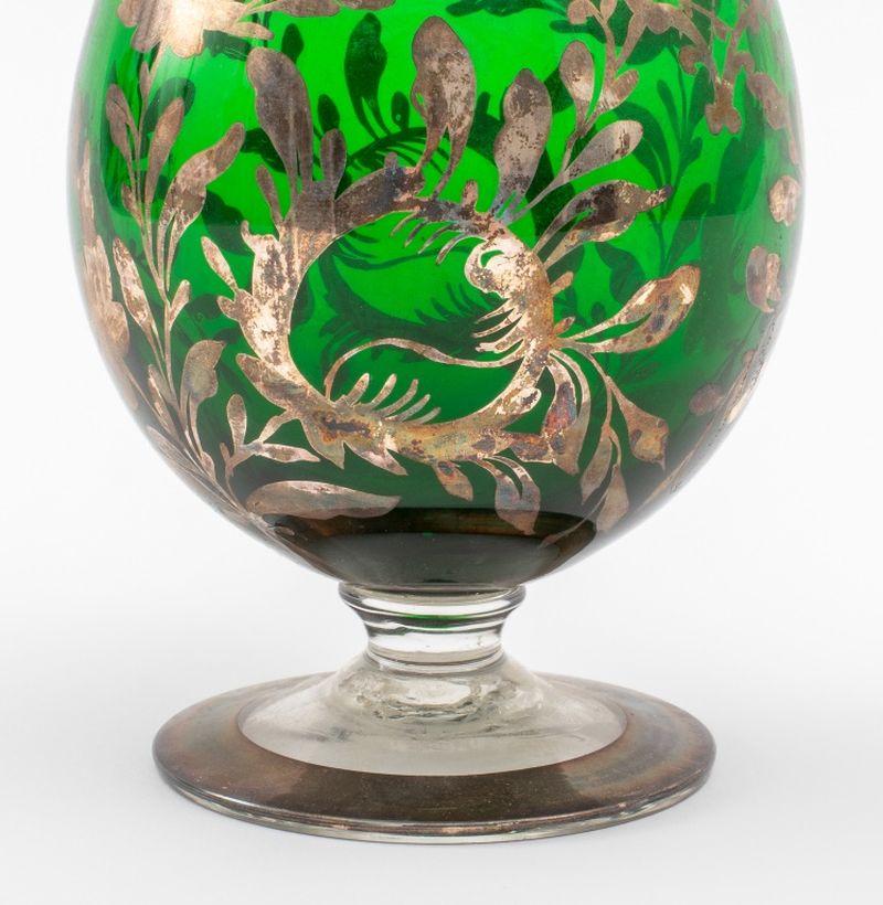 Bohemian Silver Overlay Green Glass Ewer For Sale 1