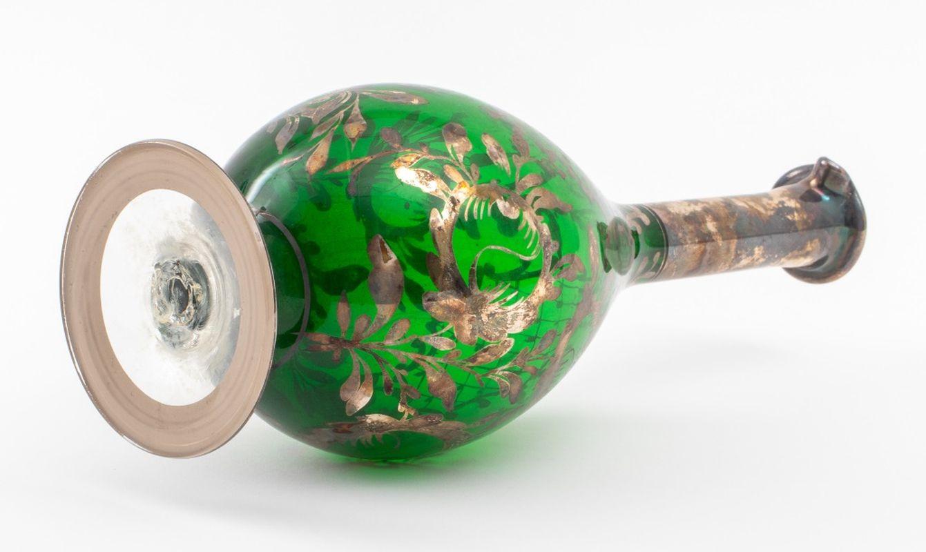 Bohemian Silver Overlay Green Glass Ewer For Sale 2