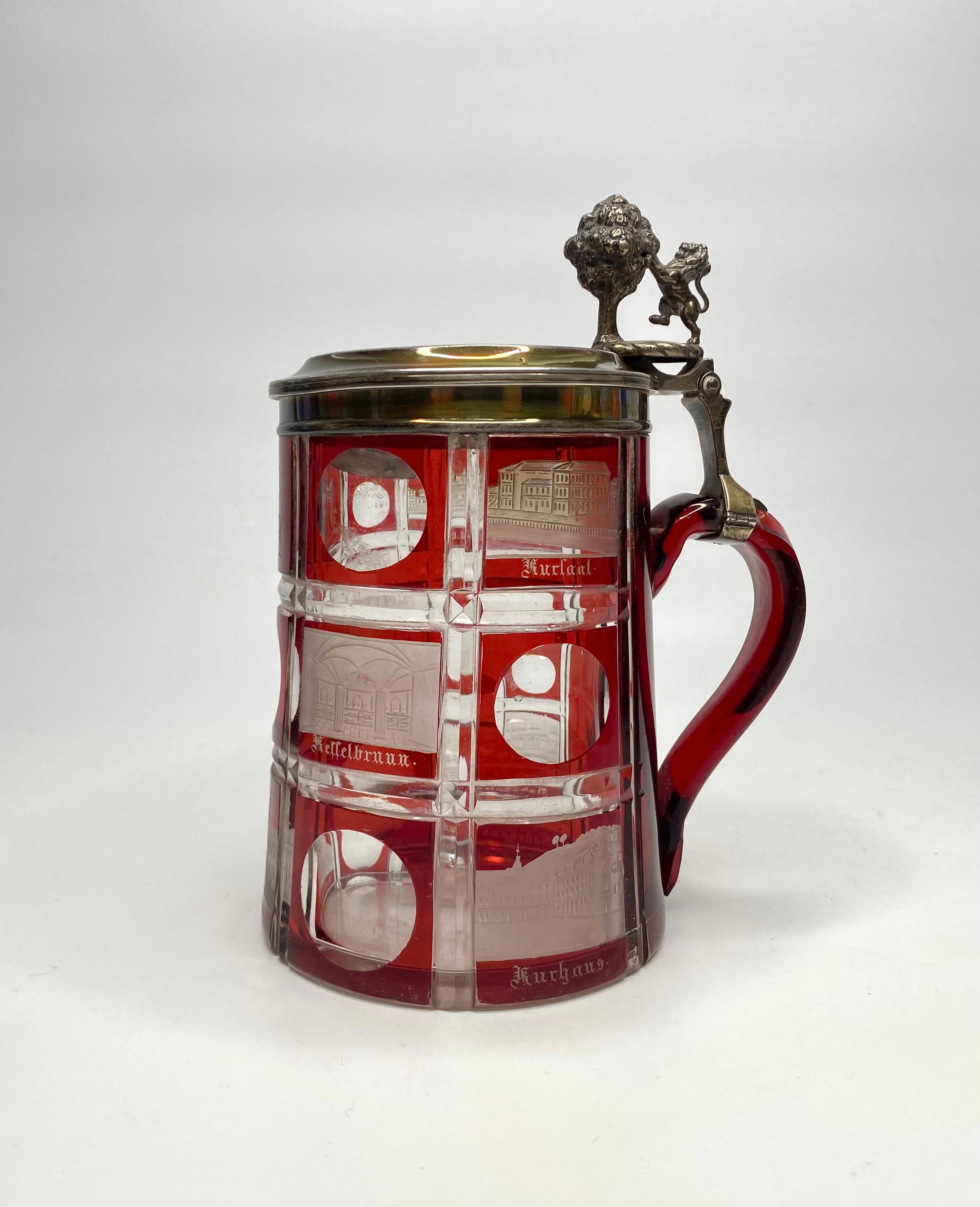 Victorian Bohemian Spa glass tankard, silver mounts, d. 1860.