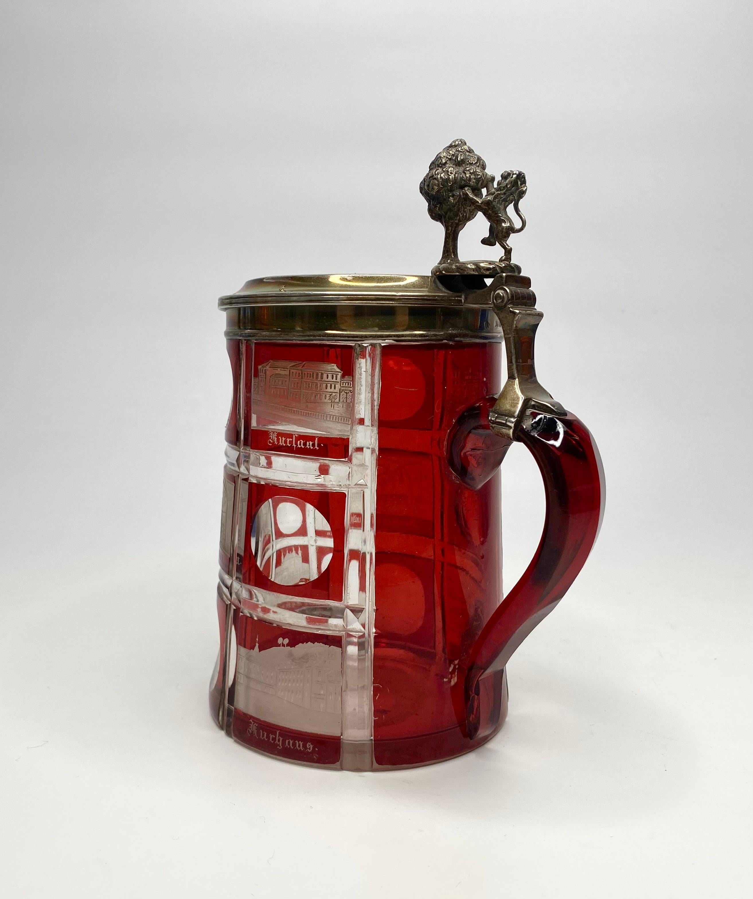 German Bohemian Spa glass tankard, silver mounts, d. 1860.