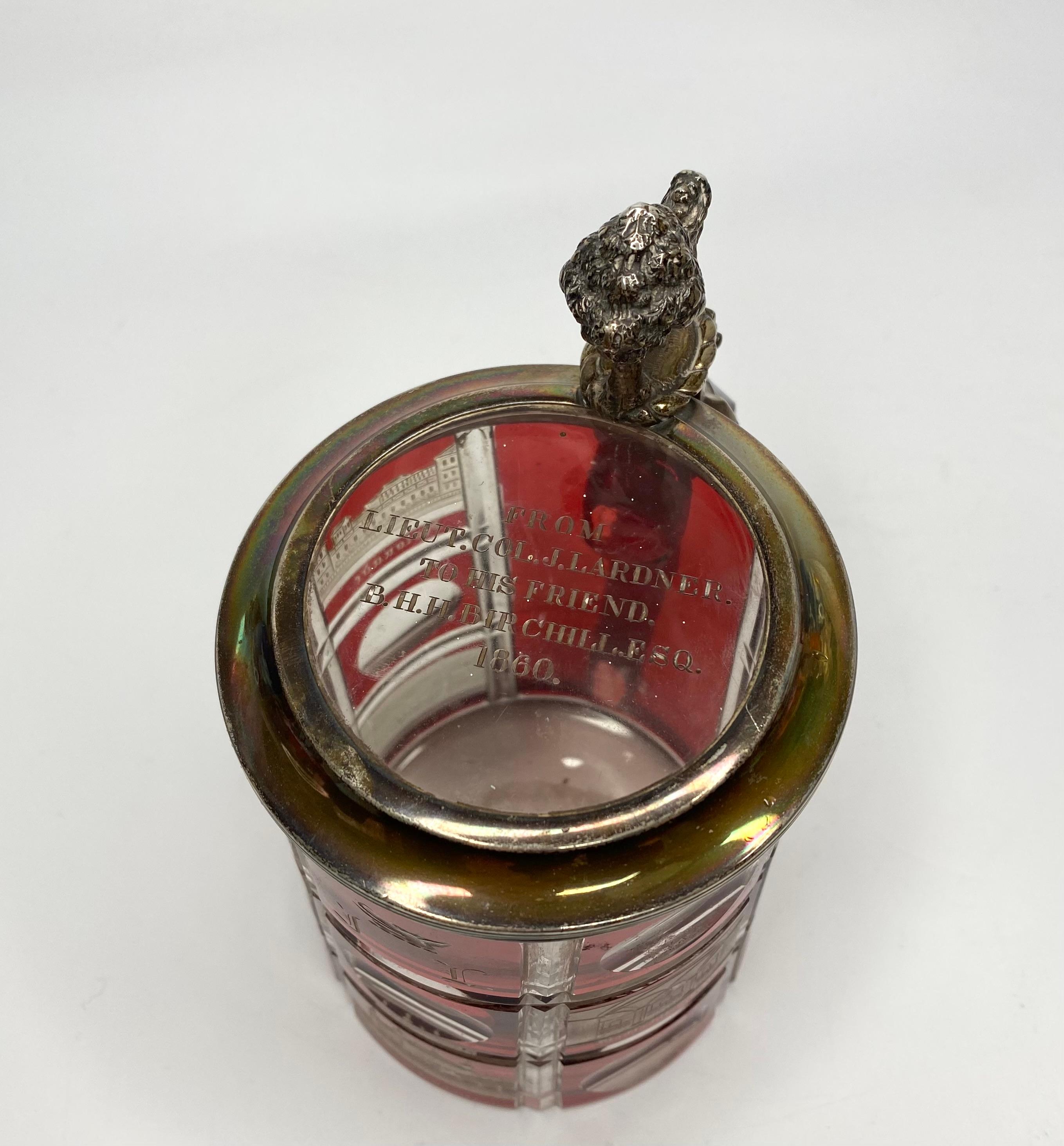 Engraved Bohemian Spa glass tankard, silver mounts, d. 1860.