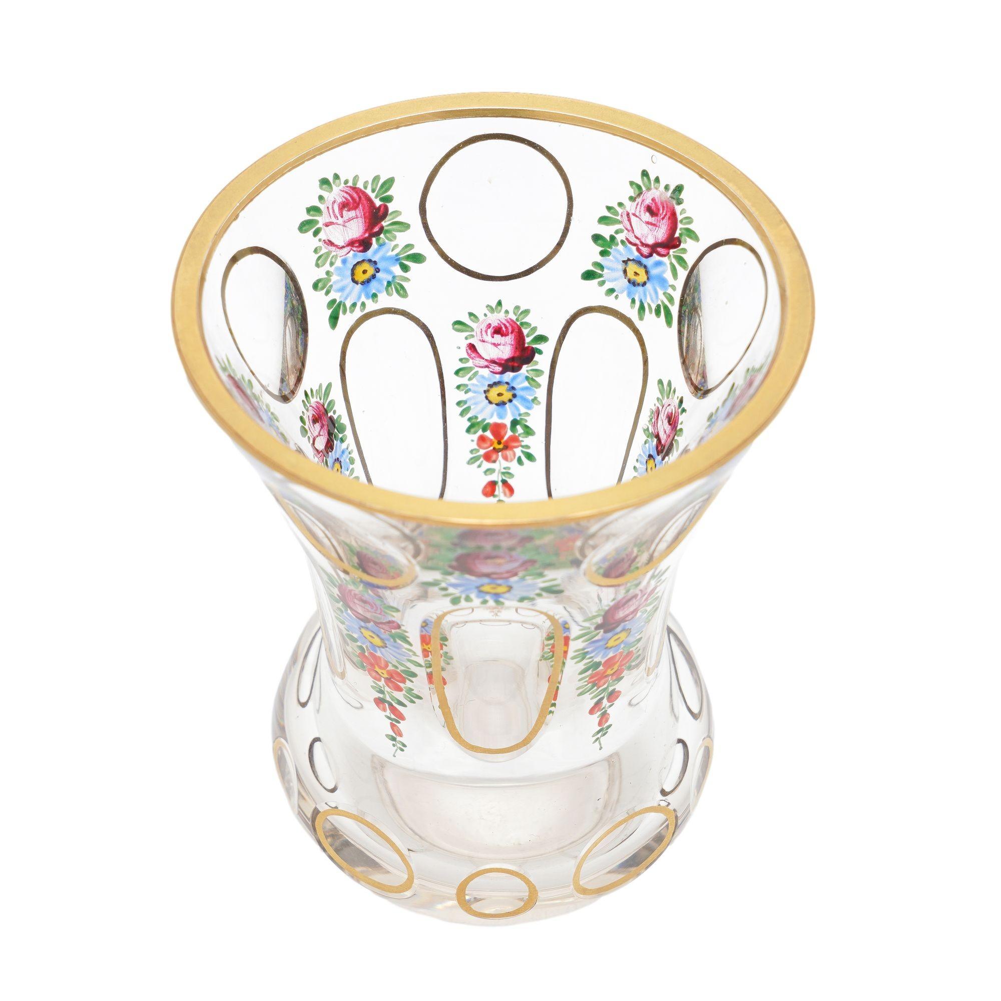 Czech Bohemian spa glass tumbler with hand painted enamel overlay, c. 1825-45