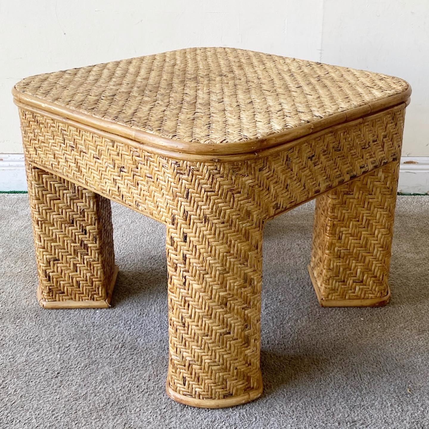 Exceptional vintage bohemian square coffee table. Features a fully wrapped wicker frame.

Additional information:
Materials: Wicker
Color: Coffee
Style: Bohemian
Time Period: 1990s
Dimensions: 28